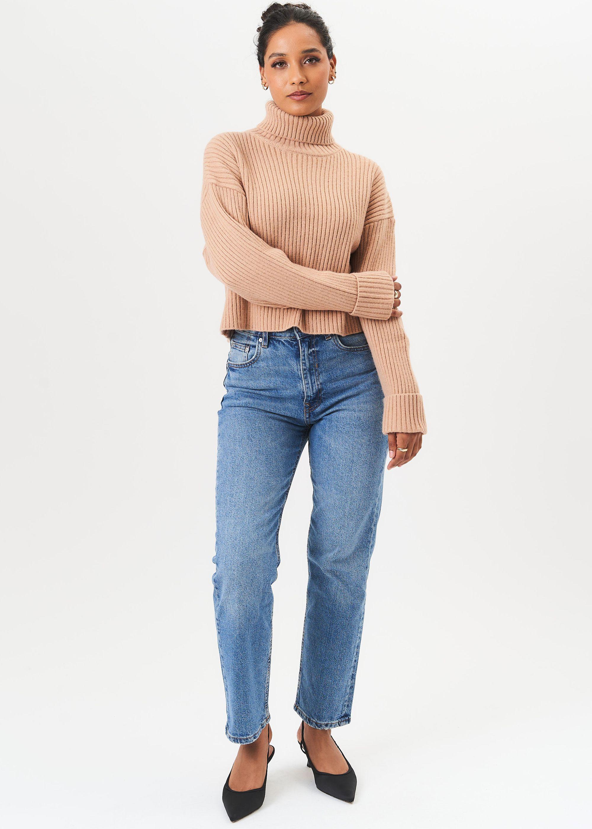 Camel High Neck Chunky Knit Crop Jumper by GINI LONDON