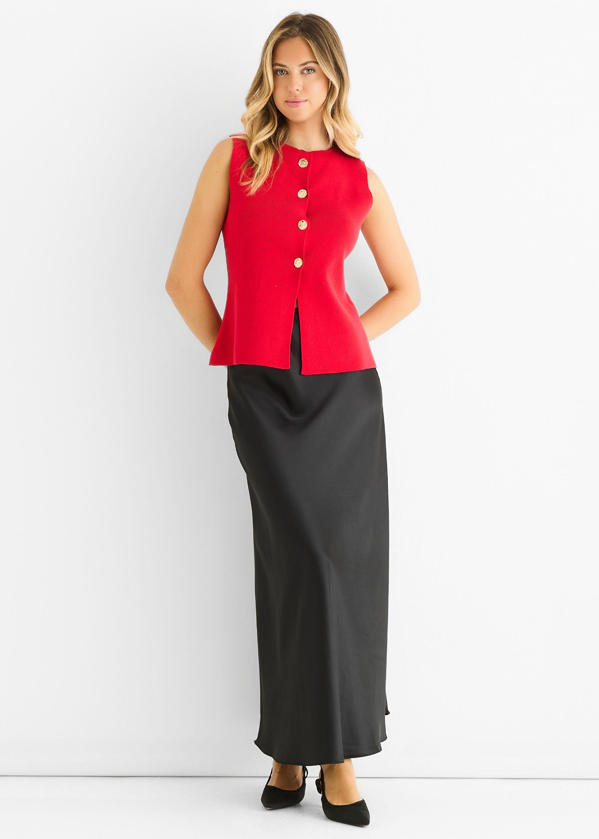 Cherry Red Button Front Compact Knit Waistcoat by GINI LONDON
