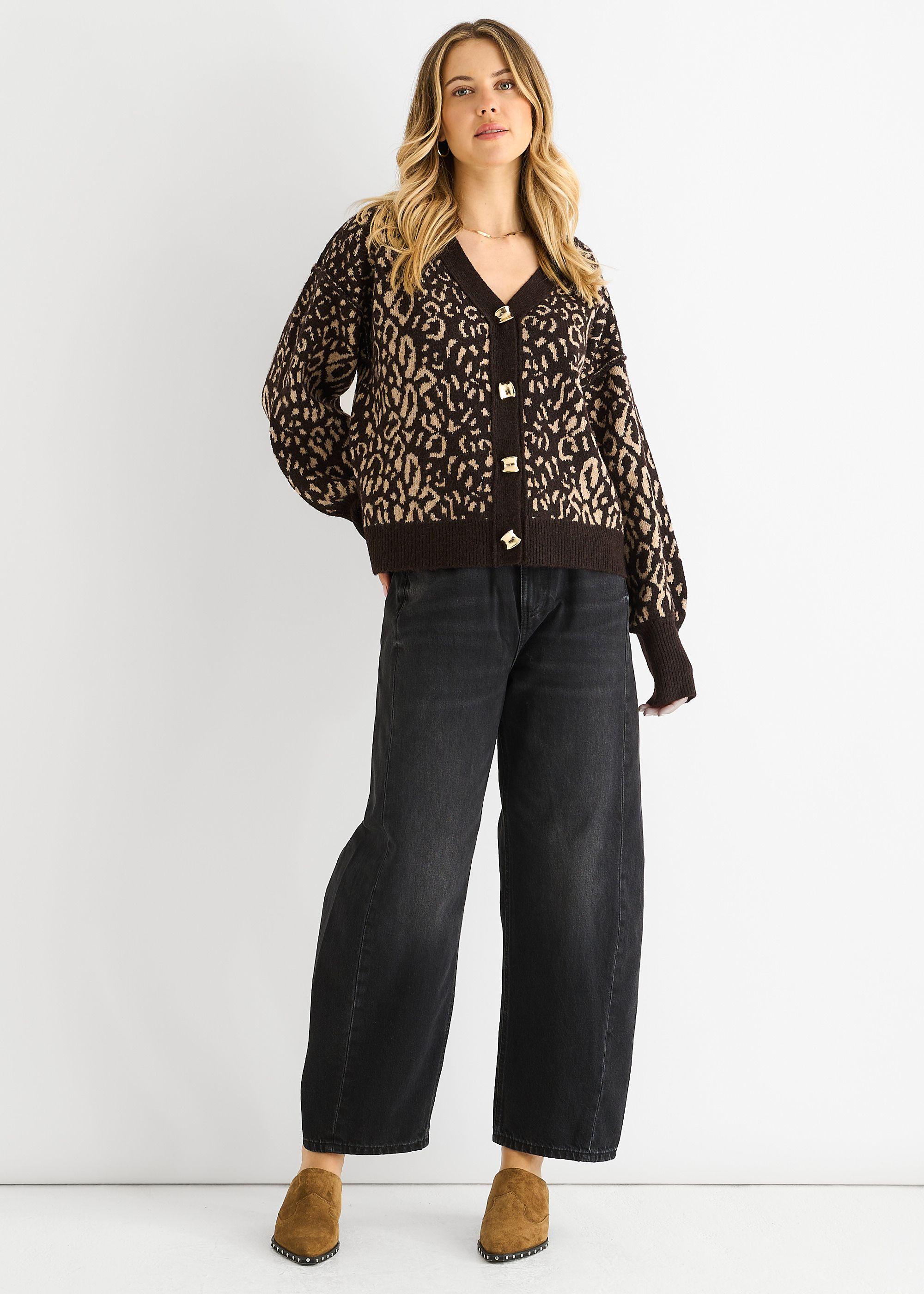 Chocolate Animal Print Wool Mix Cardigan Look Jumper by GINI LONDON