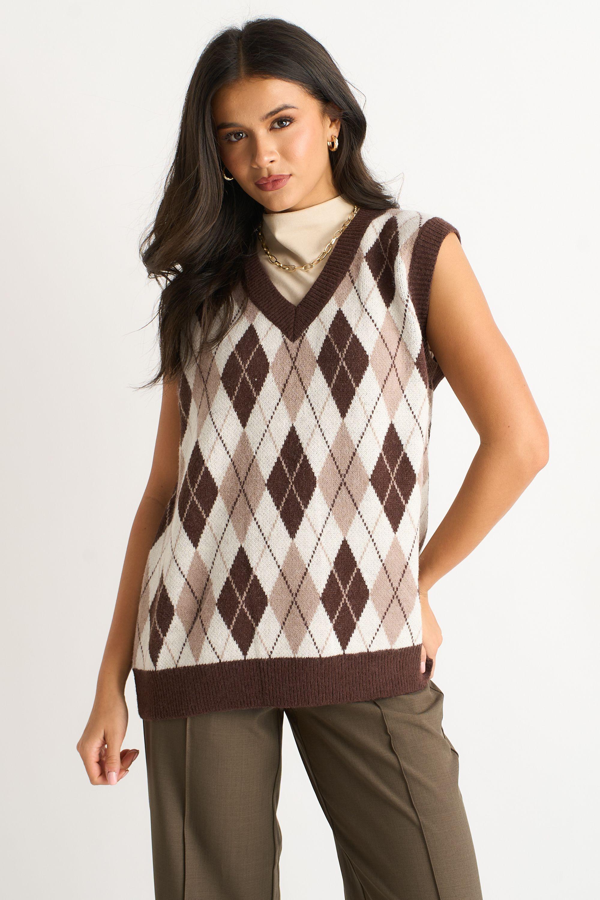 Chocolate Argyle Knit Vest Jumper by GINI LONDON