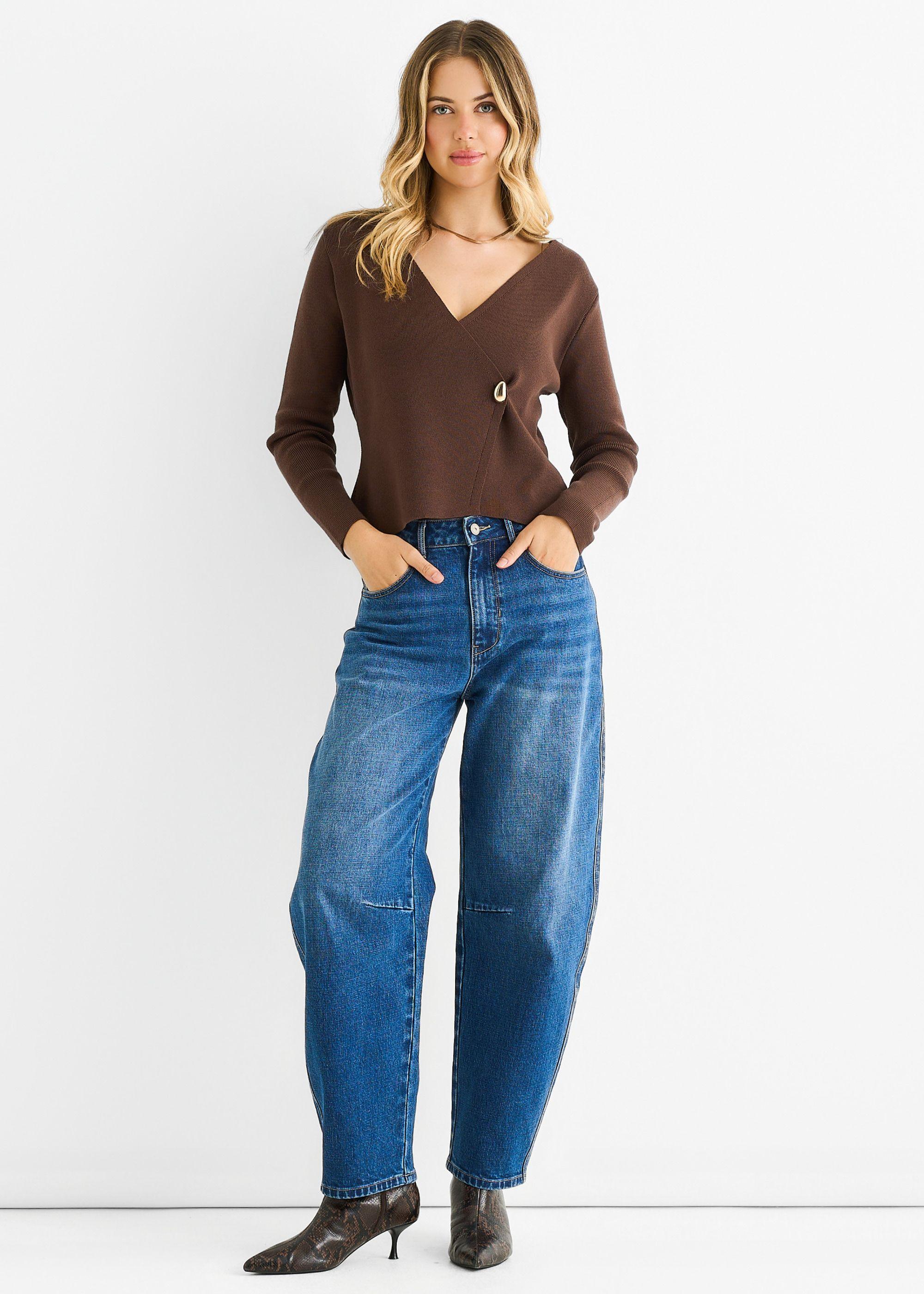 Chocolate Button Wrap Compact Knit Cardigan by GINI LONDON