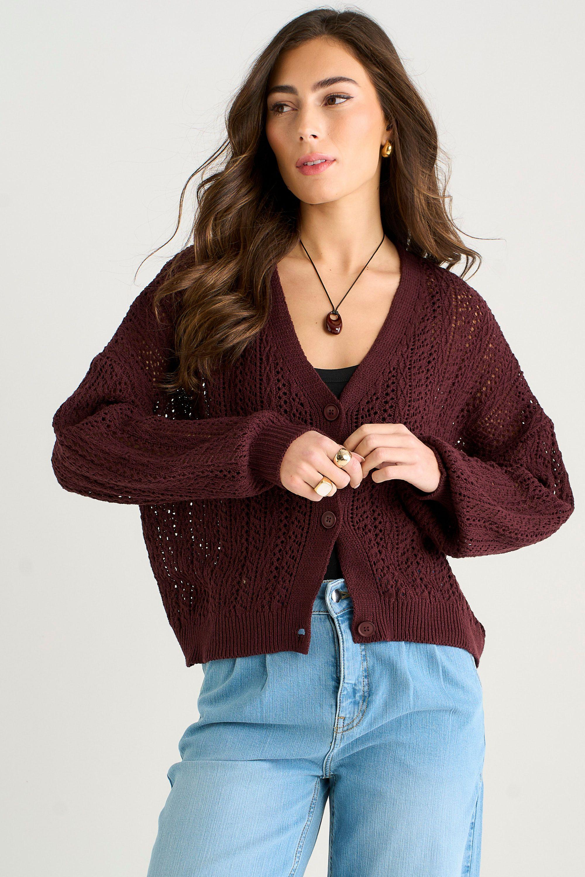 Chocolate Crochet Knit Long Sleeves Cardigan by GINI LONDON