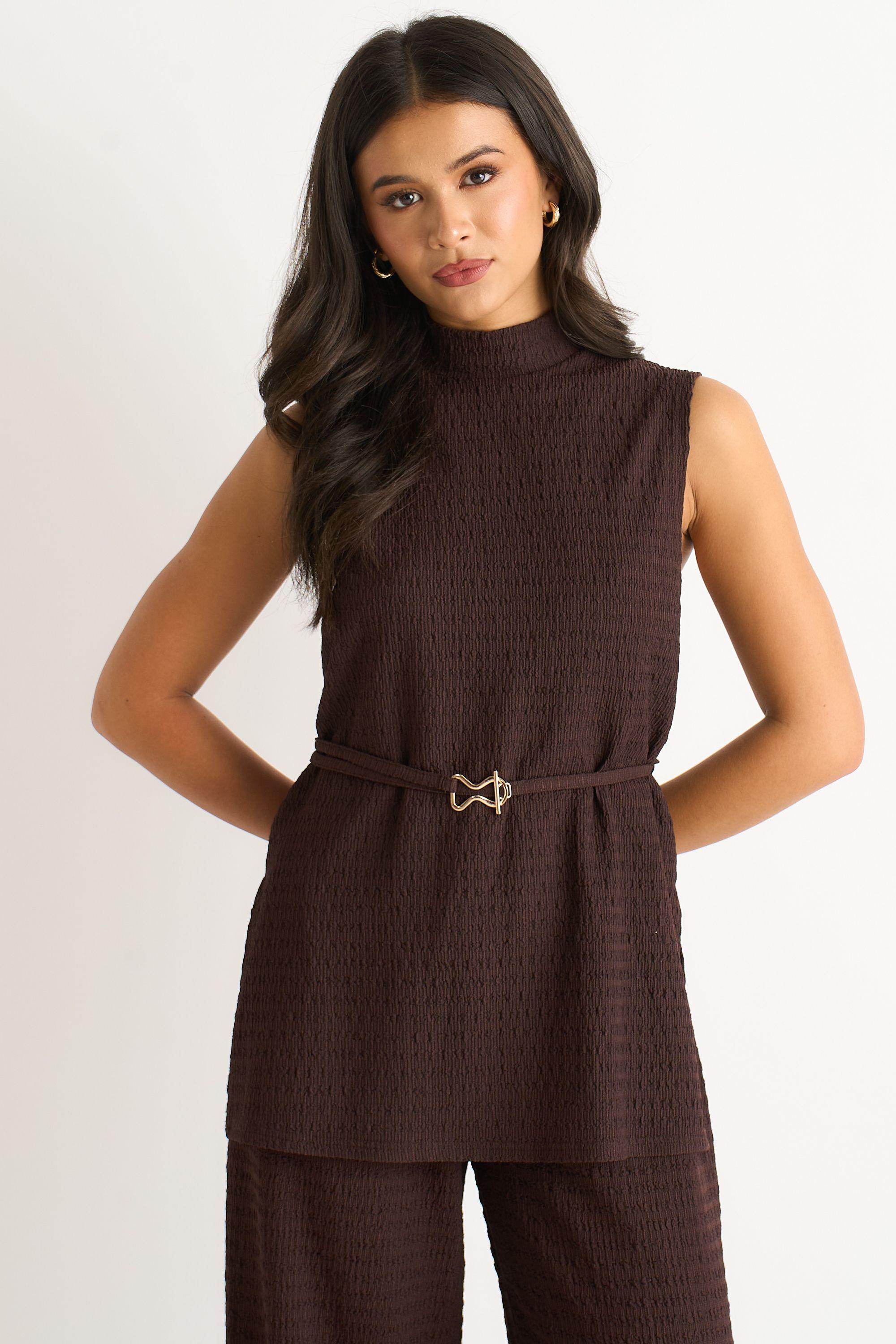 Chocolate Funnel Neck Textured Jersey Tabard Top by GINI LONDON