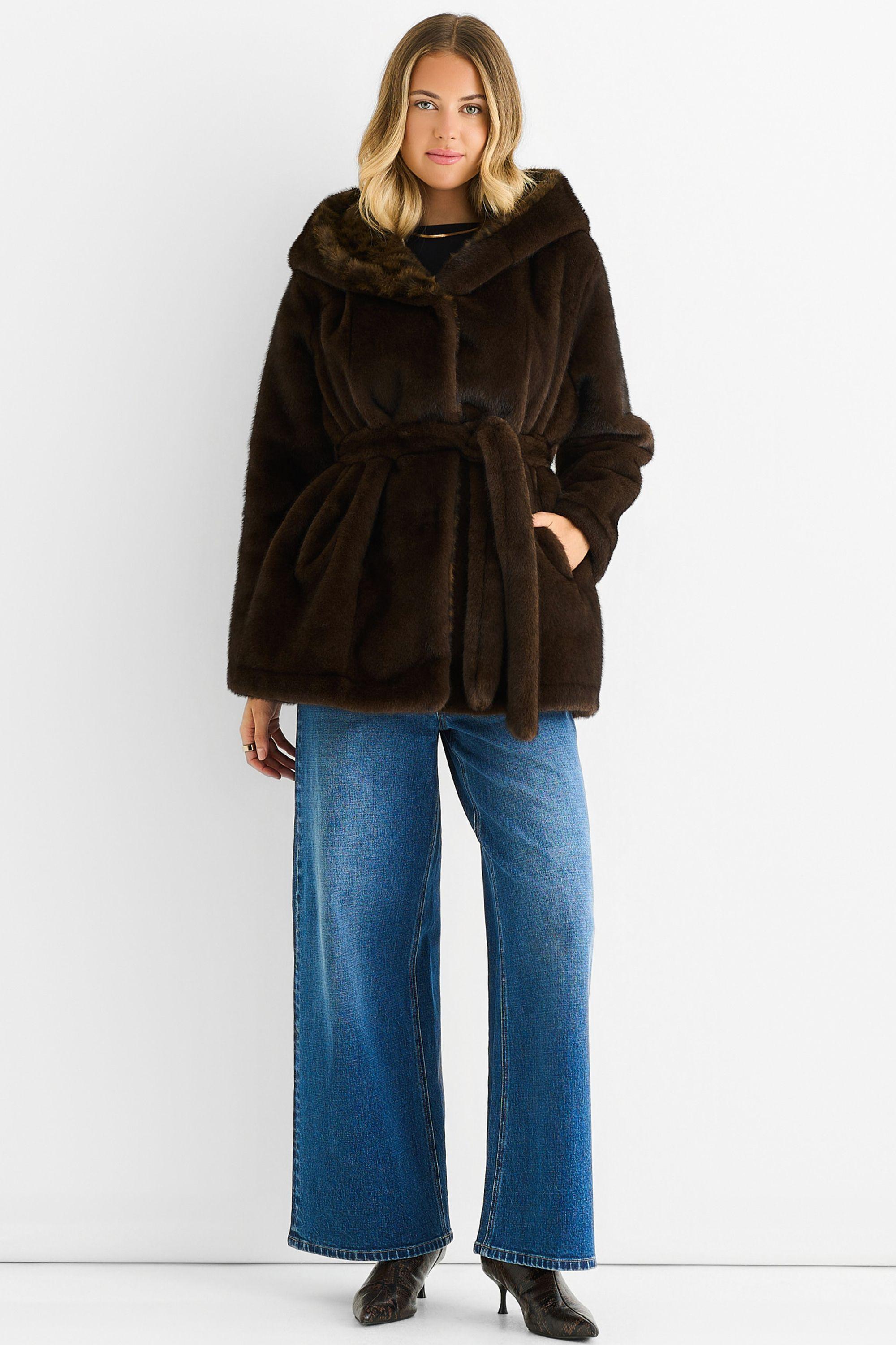 Chocolate Premium Contrast Lapel Hood Animal Faux Fur Jacket by GINI LONDON Chocolate Premium Contrast Lapel Hood Animal Faux Fur Jacket by GINI LONDON