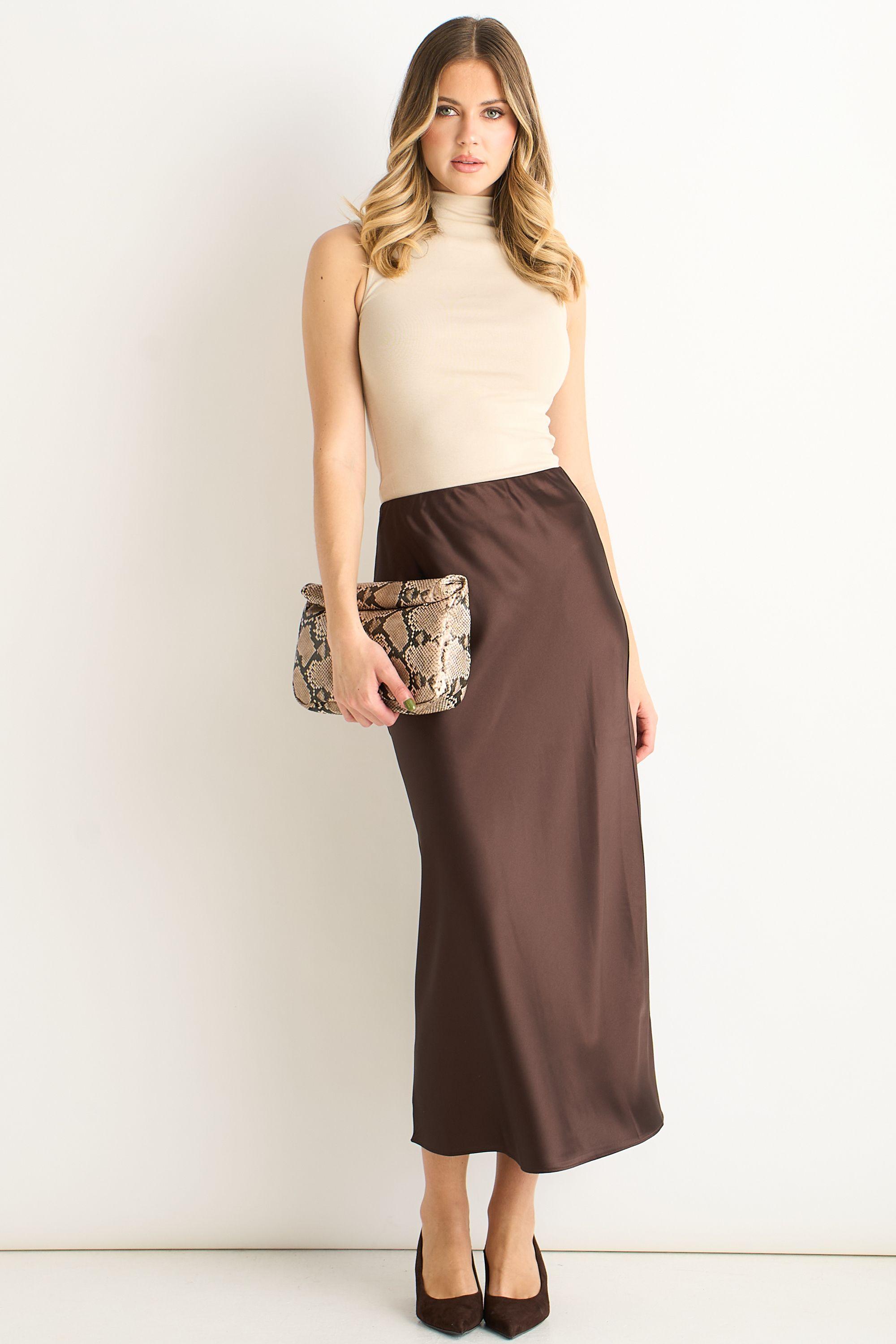 Chocolate Satin Bias Cut Midi Skirt by GINI LONDON