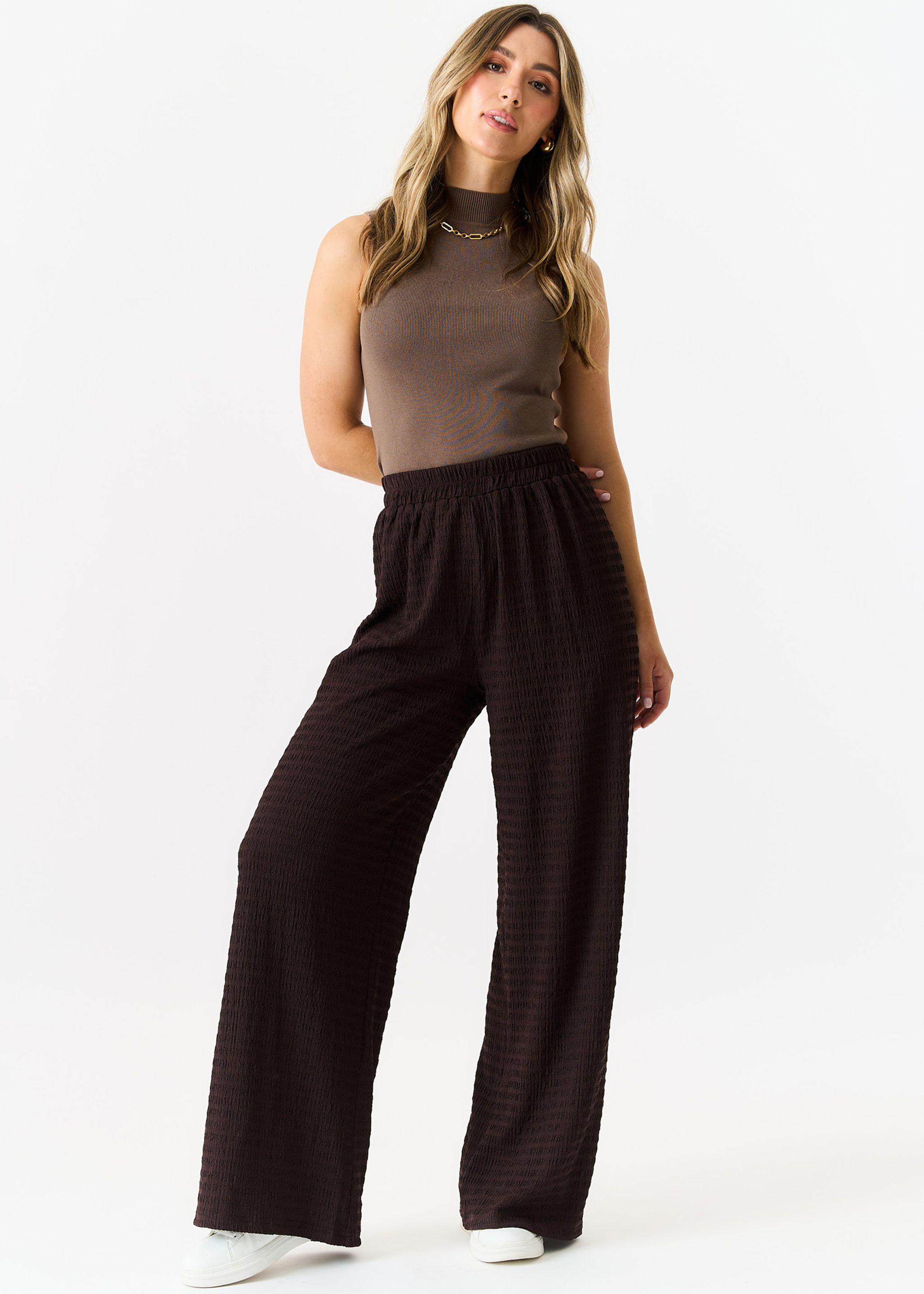 Chocolate Textured Elastic Waist Pull On Trousers by GINI LONDON