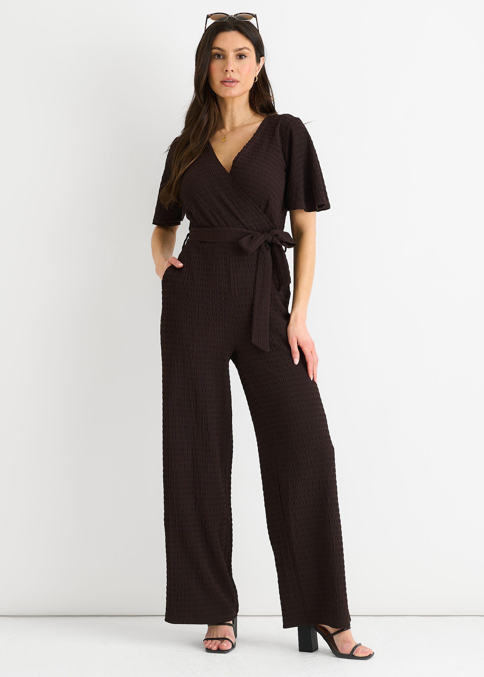 Chocolate Textured Jersey Wrap Wide Leg Jumpsuit by GINI LONDON