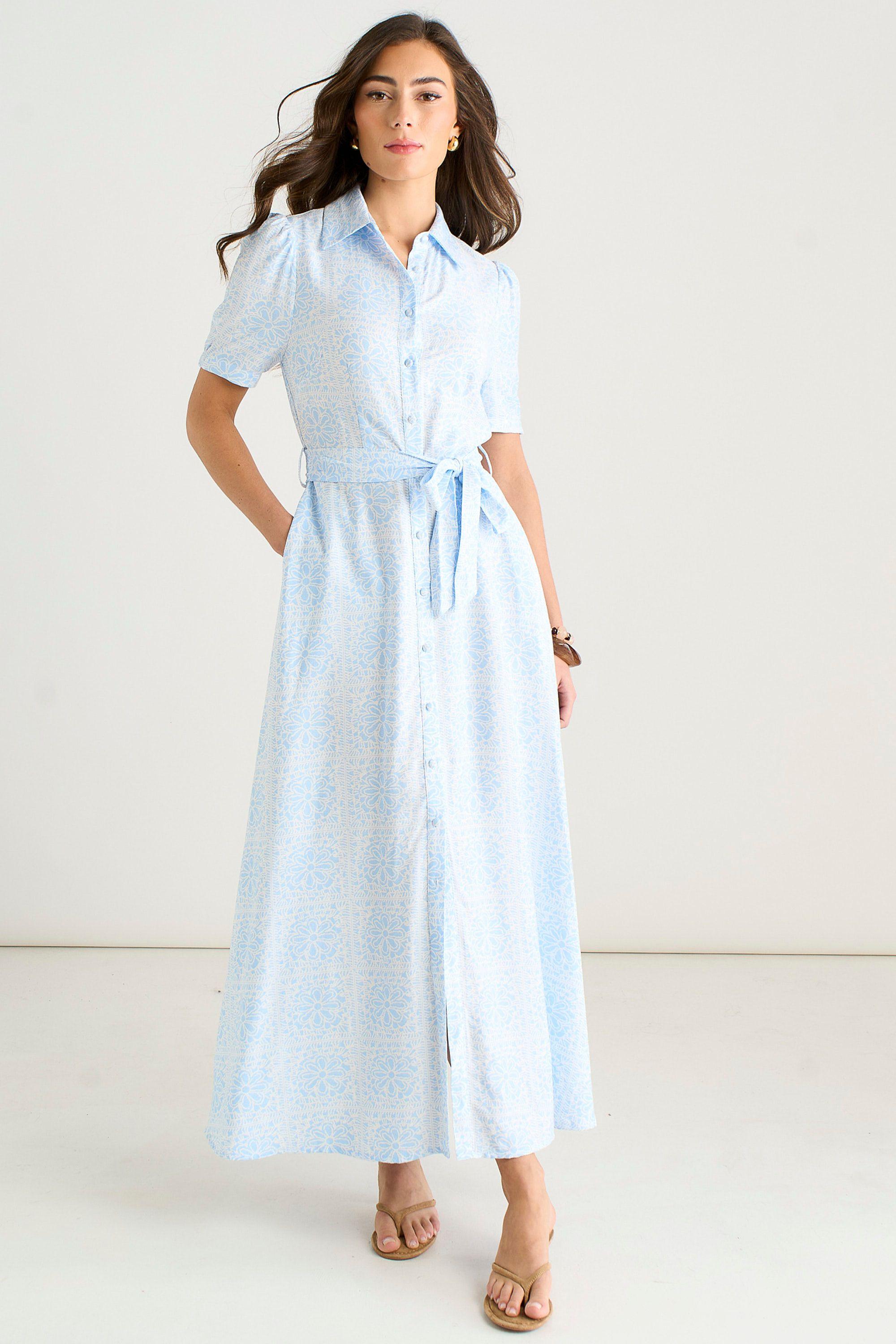Cotton Mix Blue Tile Print Button Through Maxi Shirt Dress by GINI LONDON