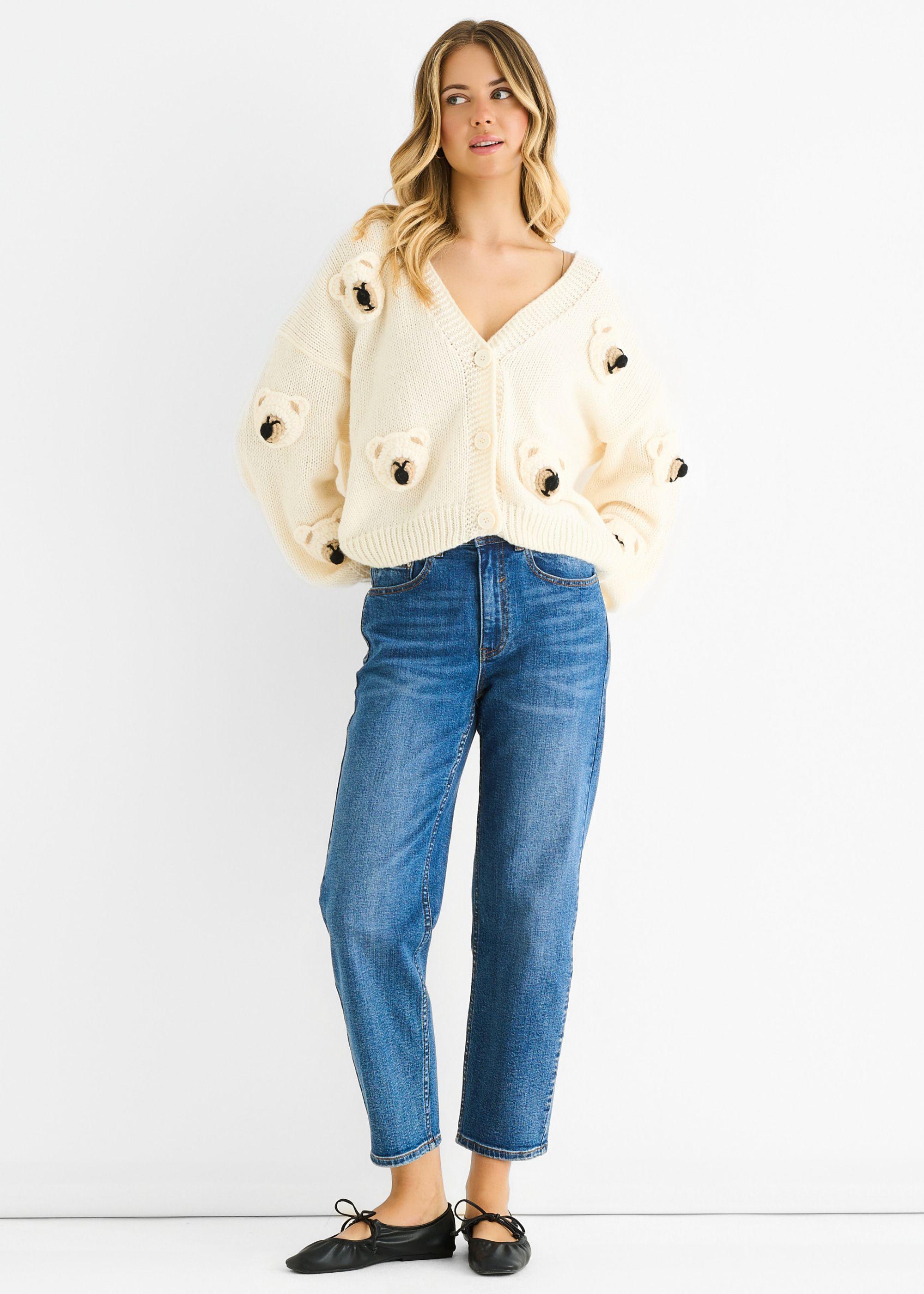 Cream 3D Contrast Teddy Crochet Cardigan by GINI LONDON