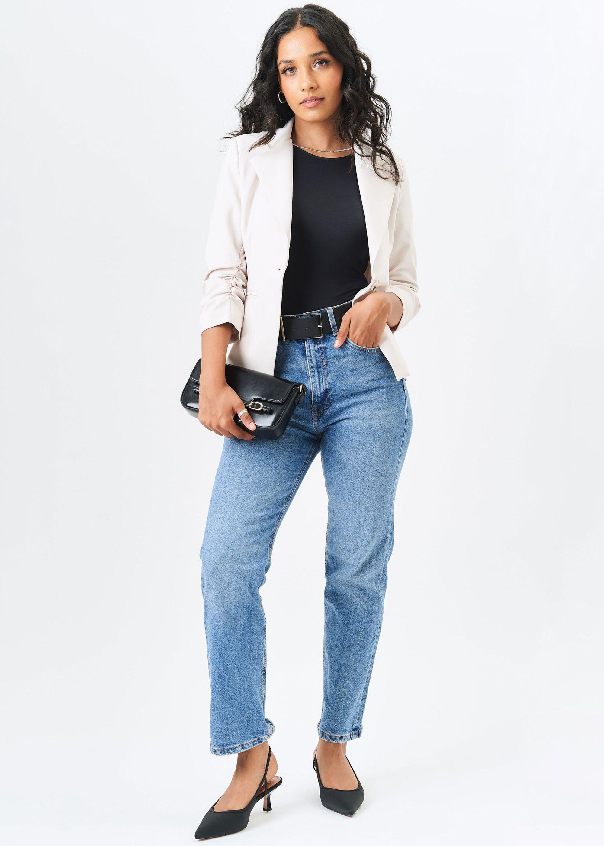 Cream Ruched Sleeves Fitted Blazer by GINI LONDON