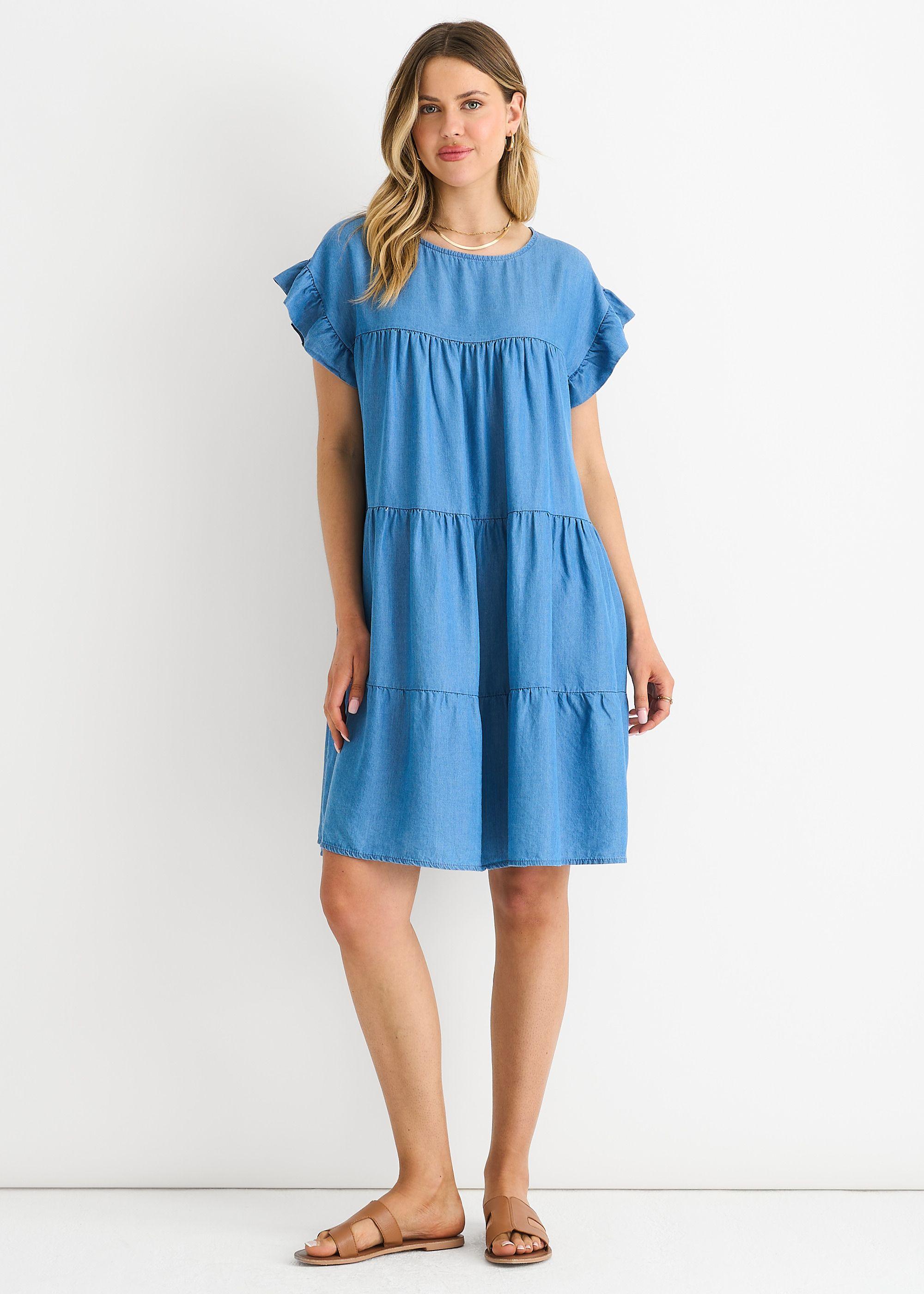 Denim Blue Chambray Frill Sleeves Flared Mini Dress by GINI LONDON
