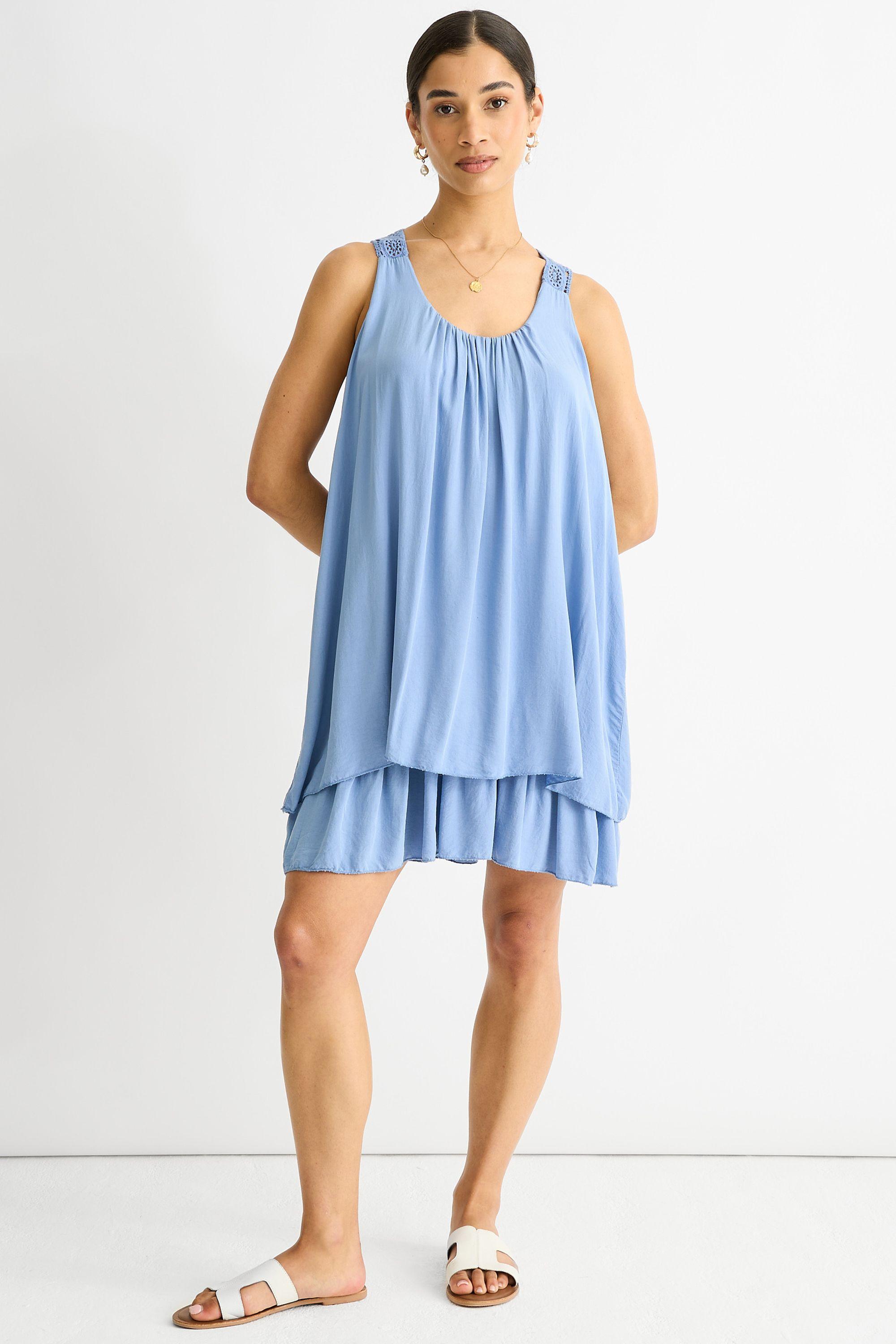 Denim Crochet Panel Double Layer Cotton Mini Dress by GINI LONDON
