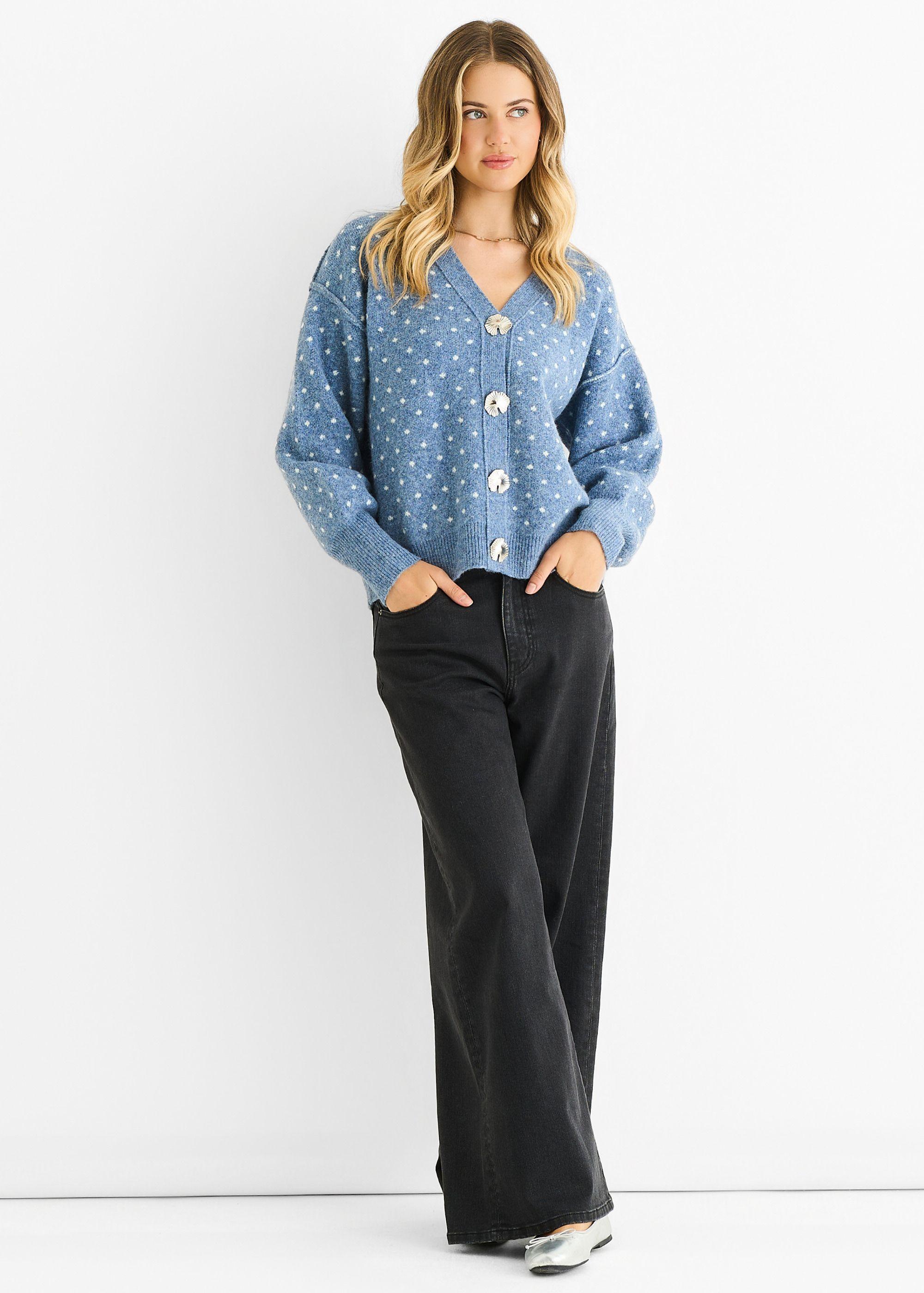 Denim Spot Print Button Cardigan Look Jumper by GINI LONDON