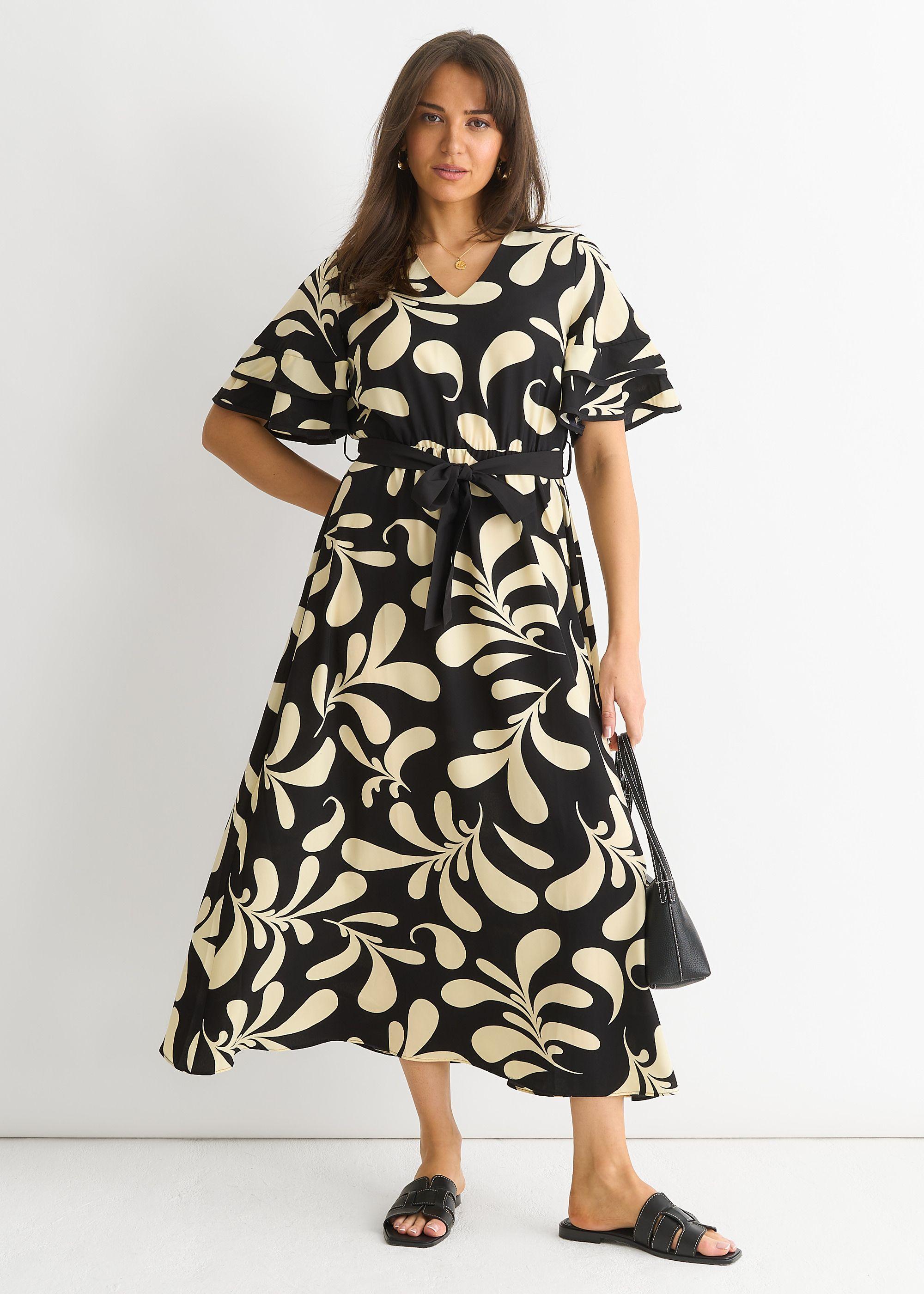 Floral V Neck Elasticated Waist Midi Dress by GINI LONDON