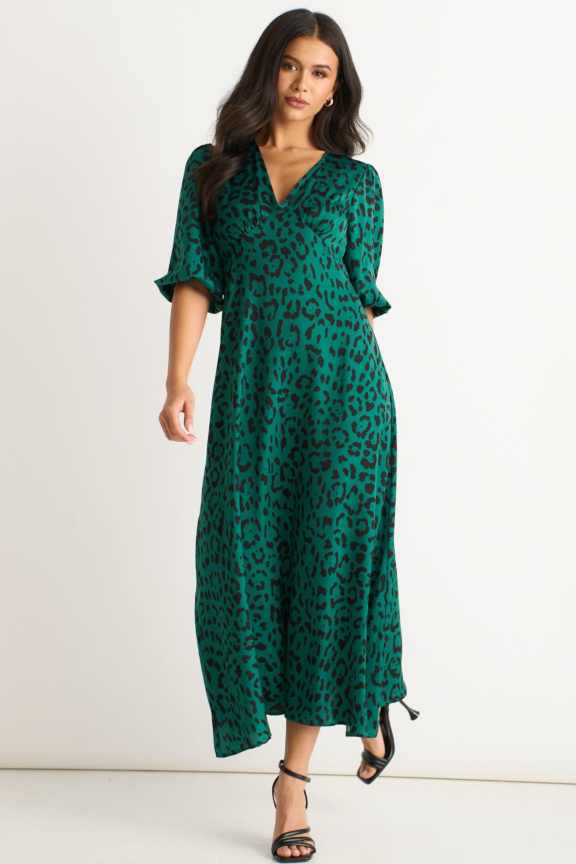 Green Animal Print Satin Midi Dress by GINI LONDON