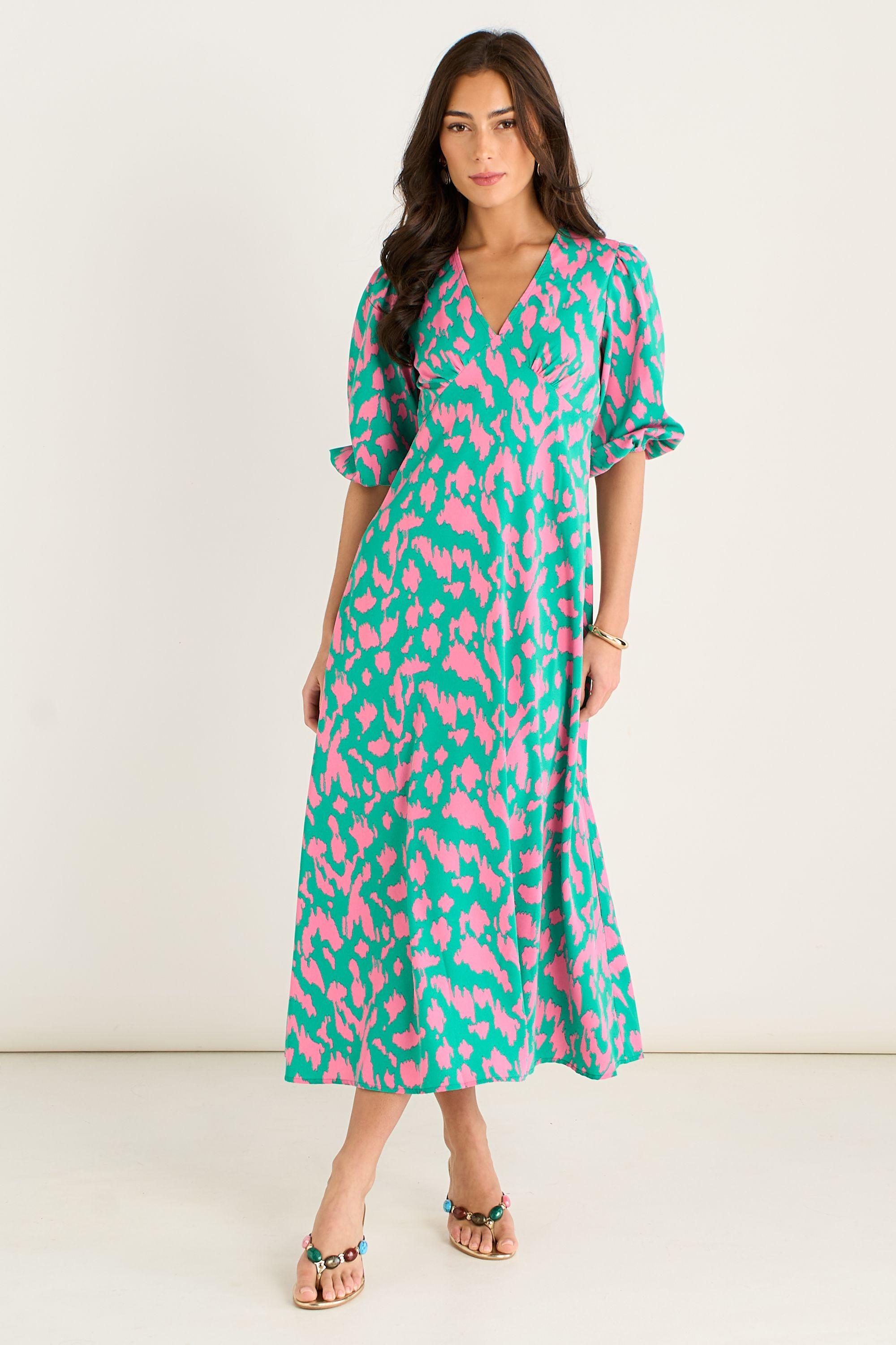 Green Animal Print V Neck Shift Midi Dress by GINI LONDON