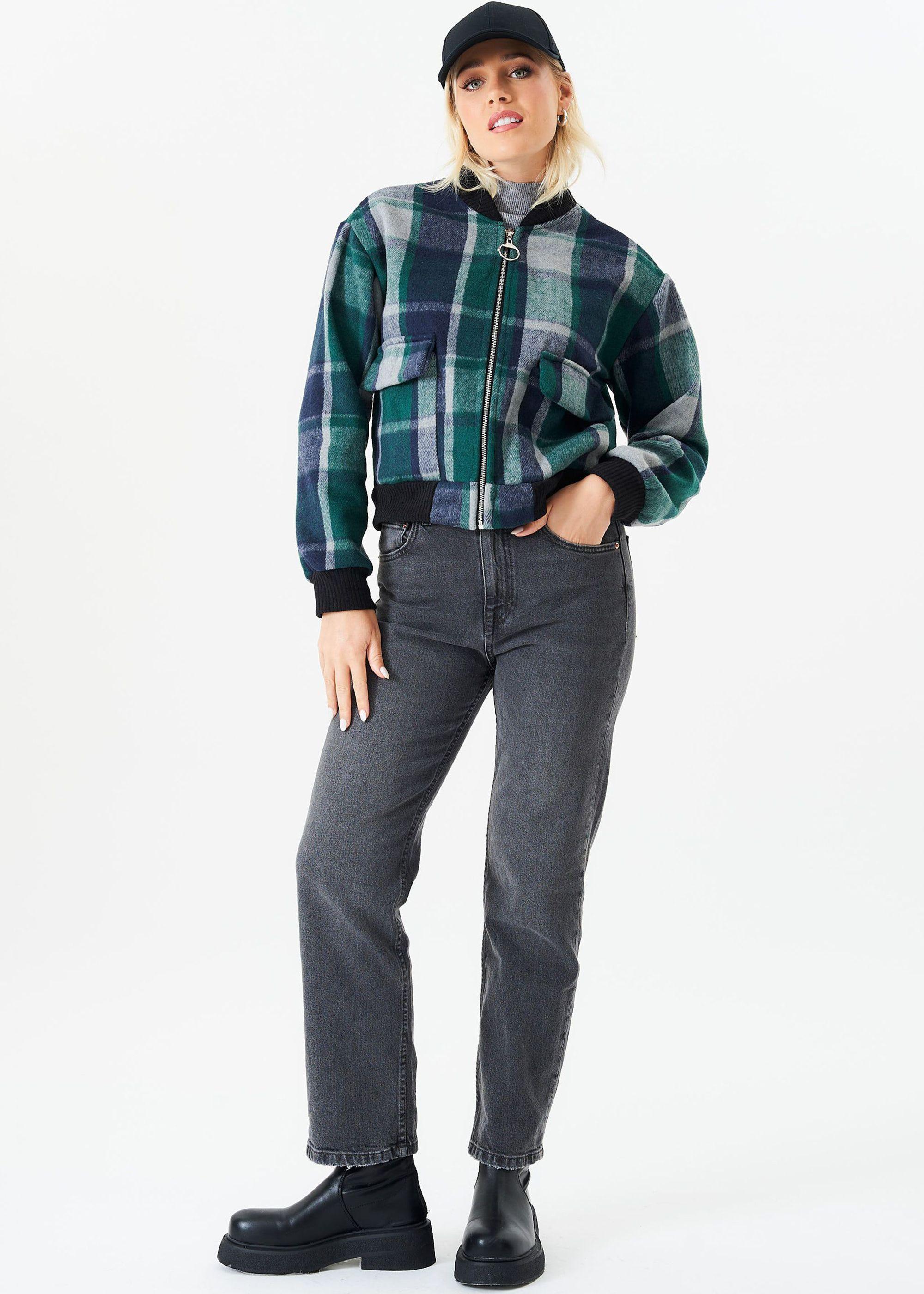 Green Contrast Rib Check Bomber Jacket by GINI LONDON