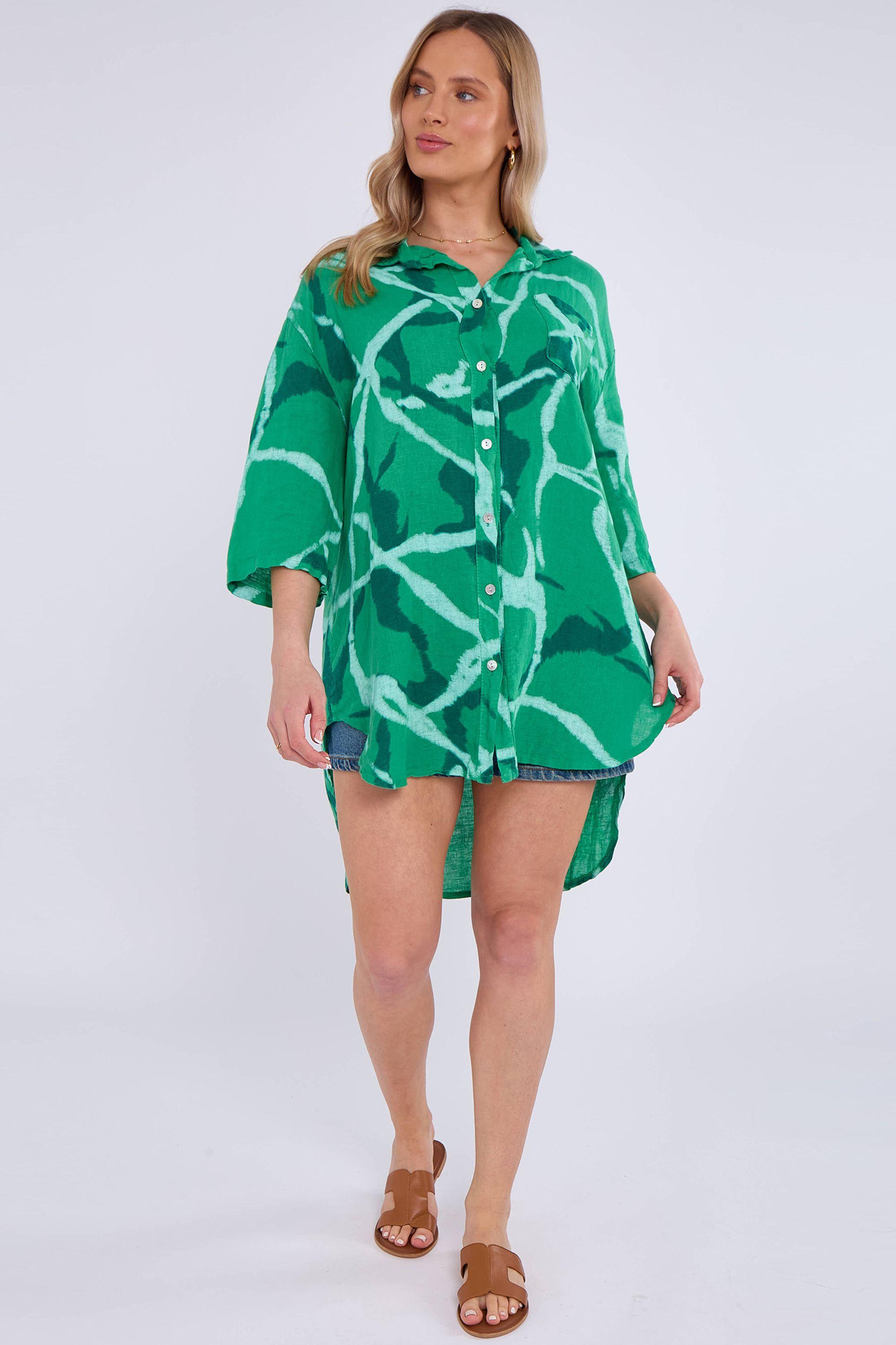 Green Linen Abstract Print Mini Shirt Dress by GINI LONDON