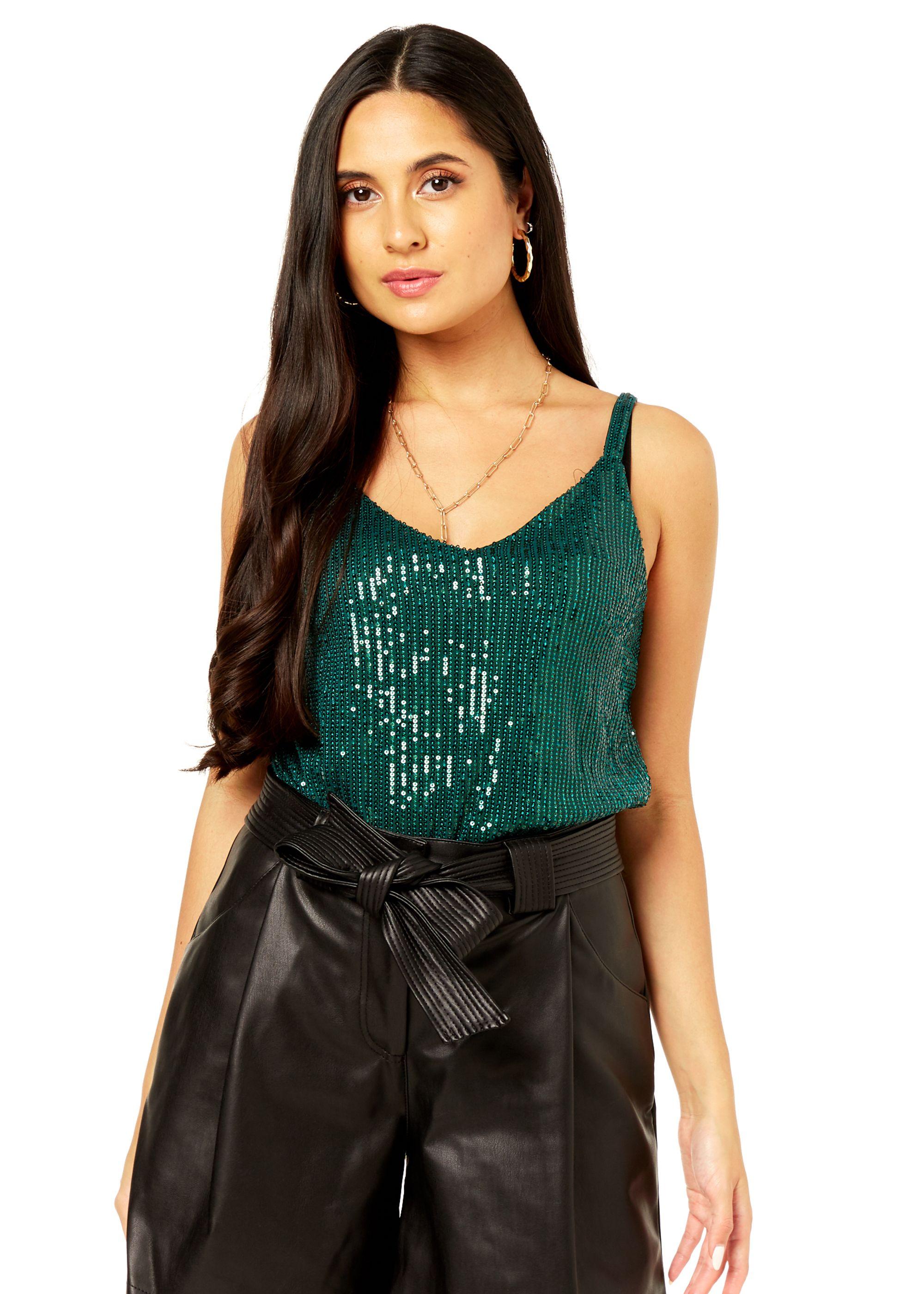 Green Sequin V Neck Cami Top by GINI LONDON