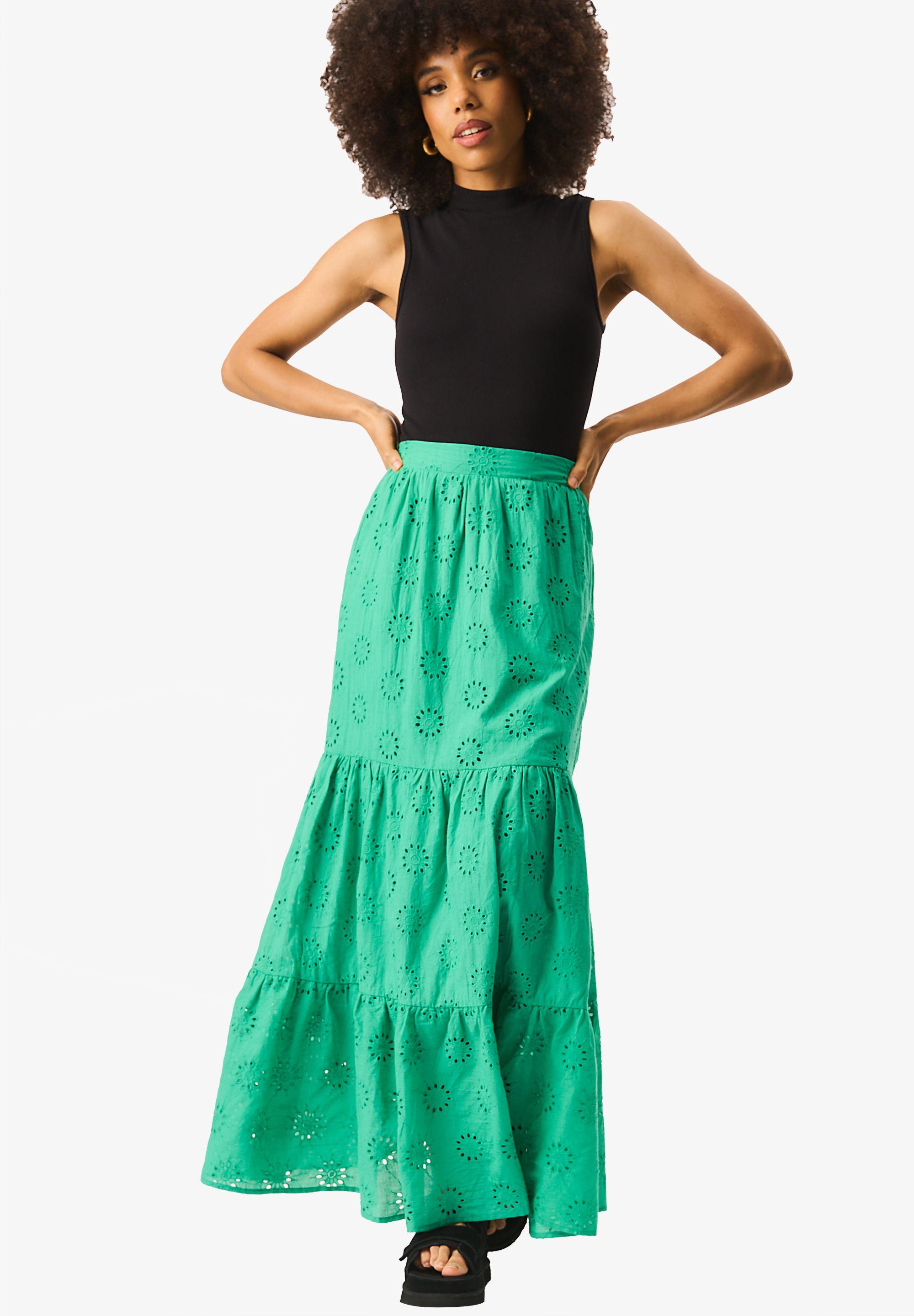 Green Tiered Lace Embroidered Long Skirt by GINI LONDON