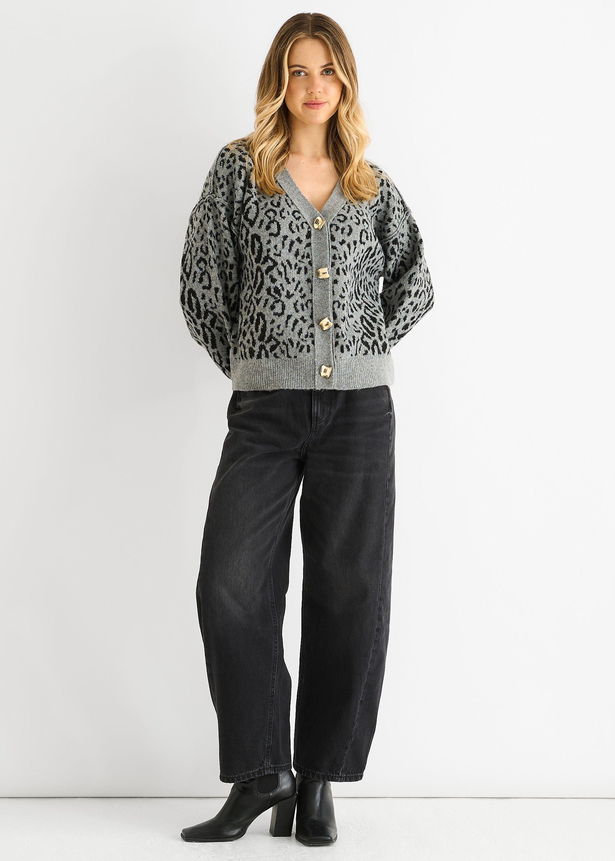 Grey Animal Print Wool Mix Cardigan Look Jumper by GINI LONDON