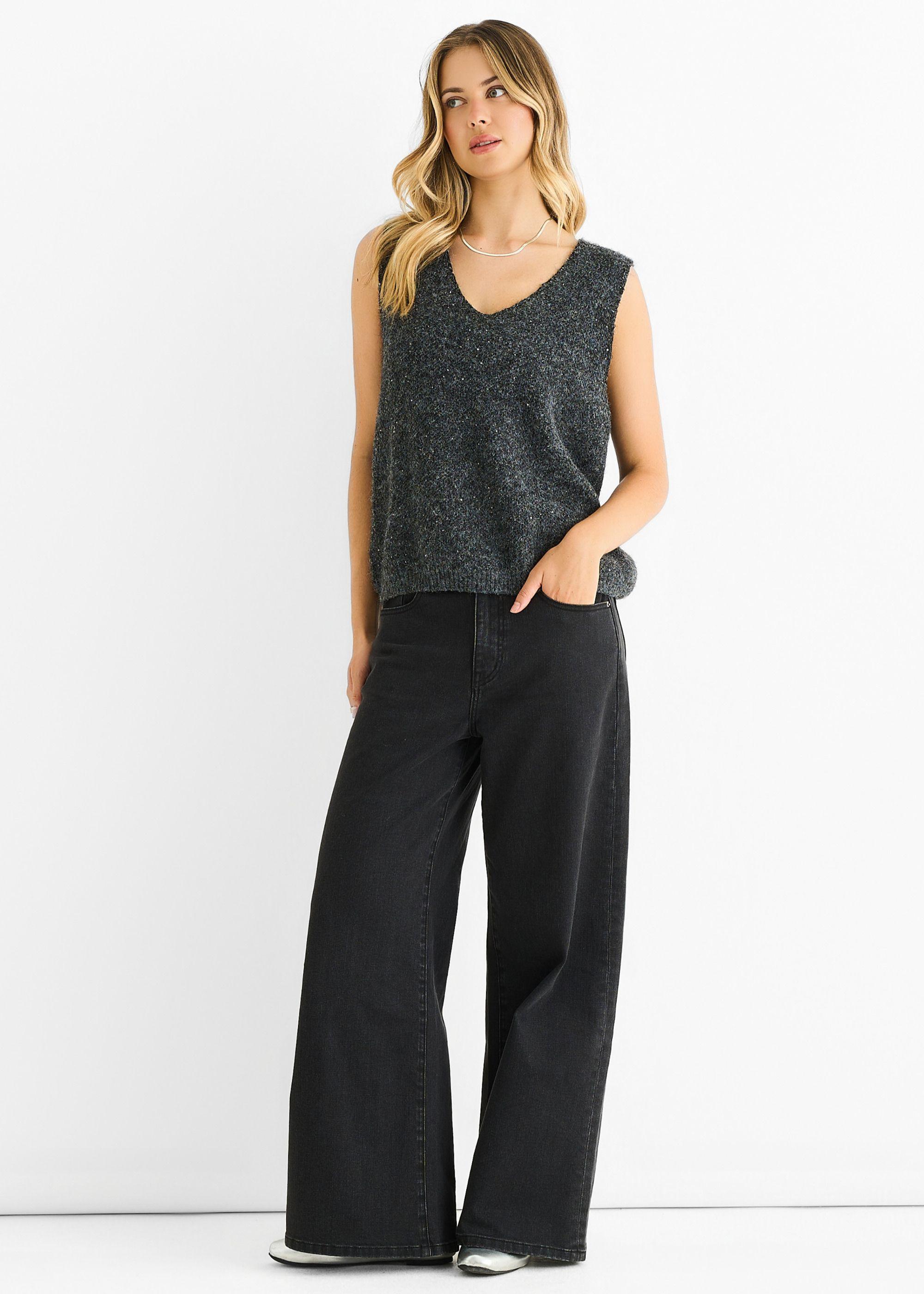Grey Sequin Sparkle V Neck Vest Knit Jumper by GINI LONDON