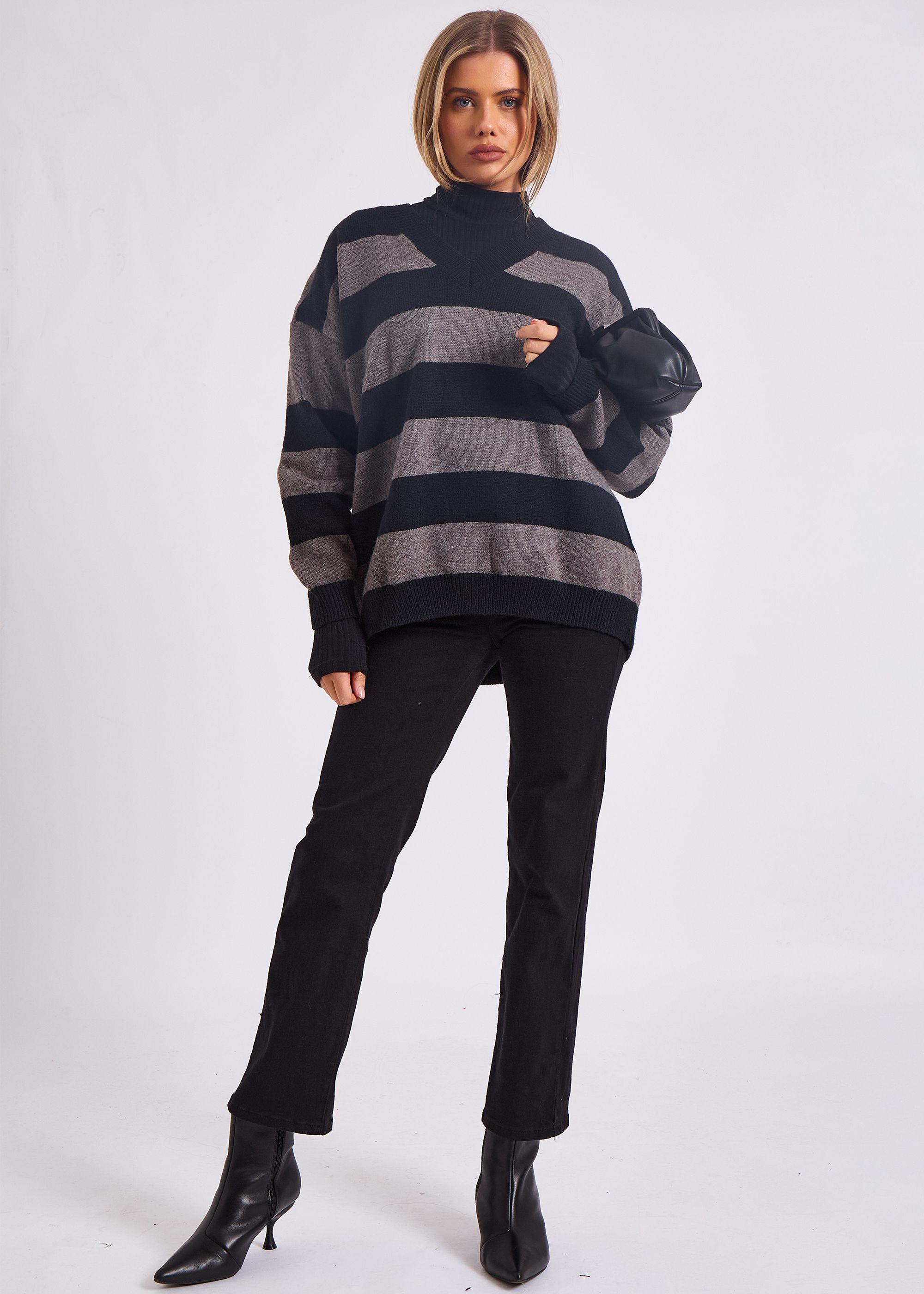 Grey Wide Stripe Oversized Jumper by GINI LONDON
