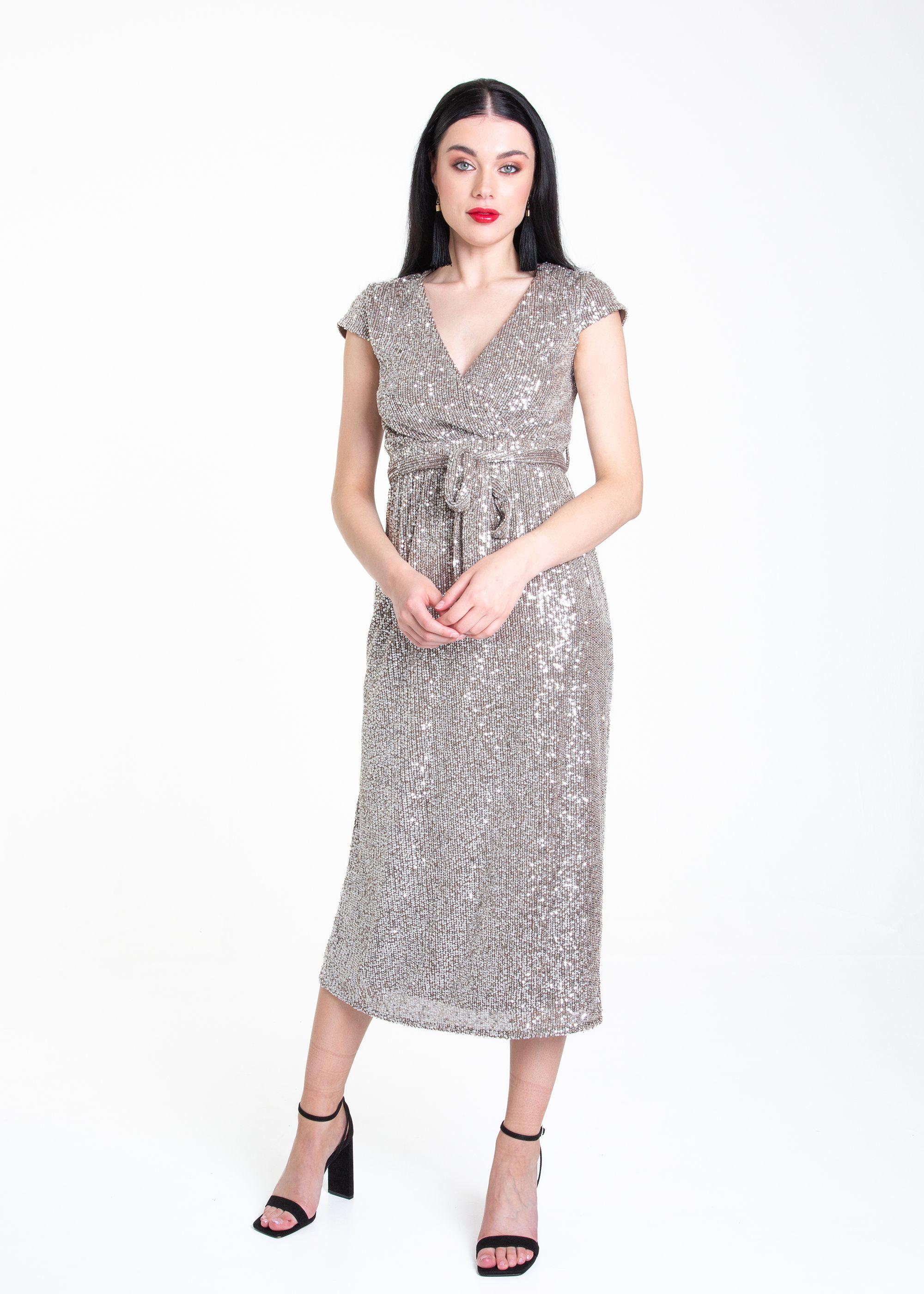Gun Metal Sequin Belted Midi Wrap Dress by GINI LONDON