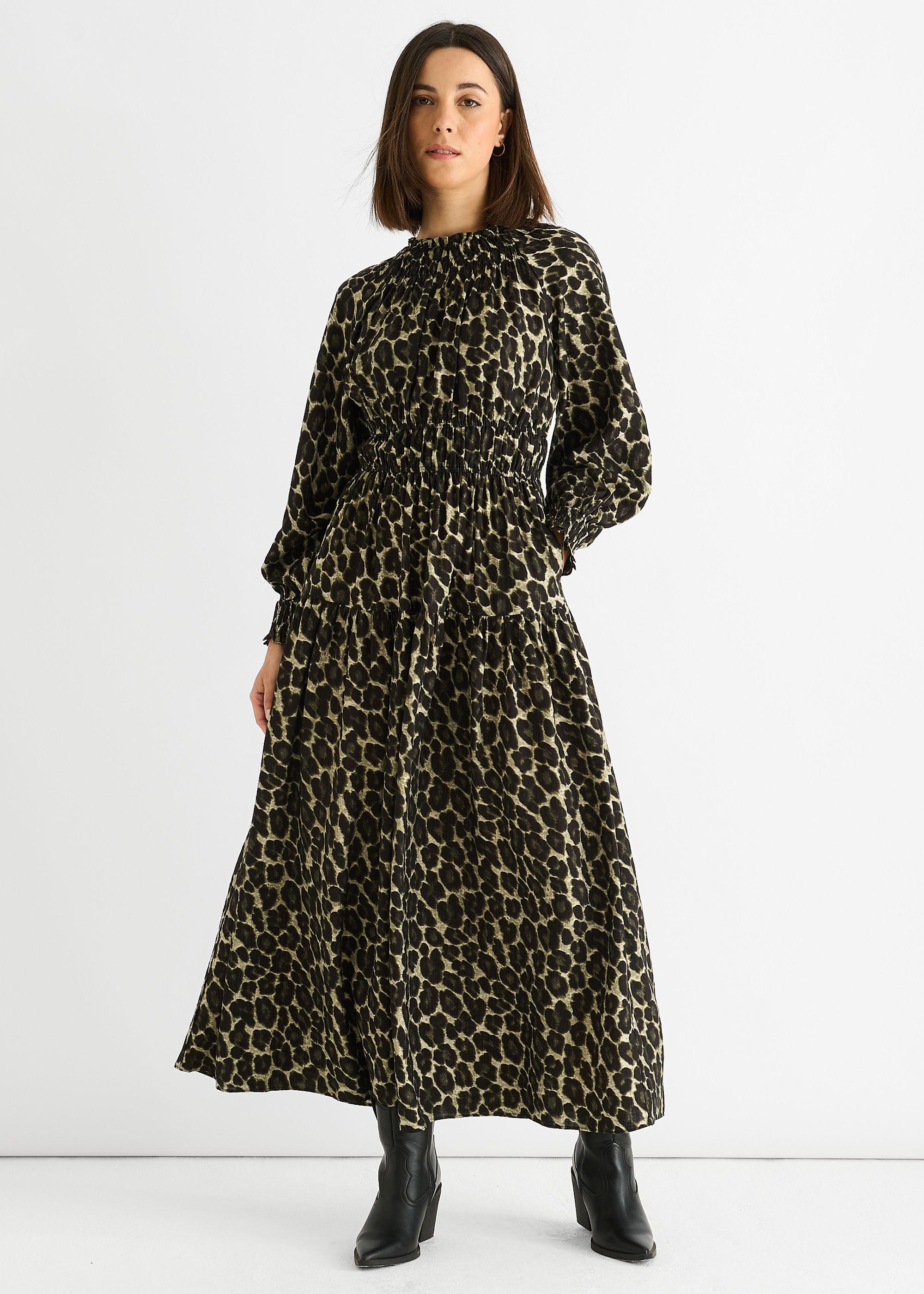 Khaki Animal Print Shirred High Neck Maxi Dress by GINI LONDON
