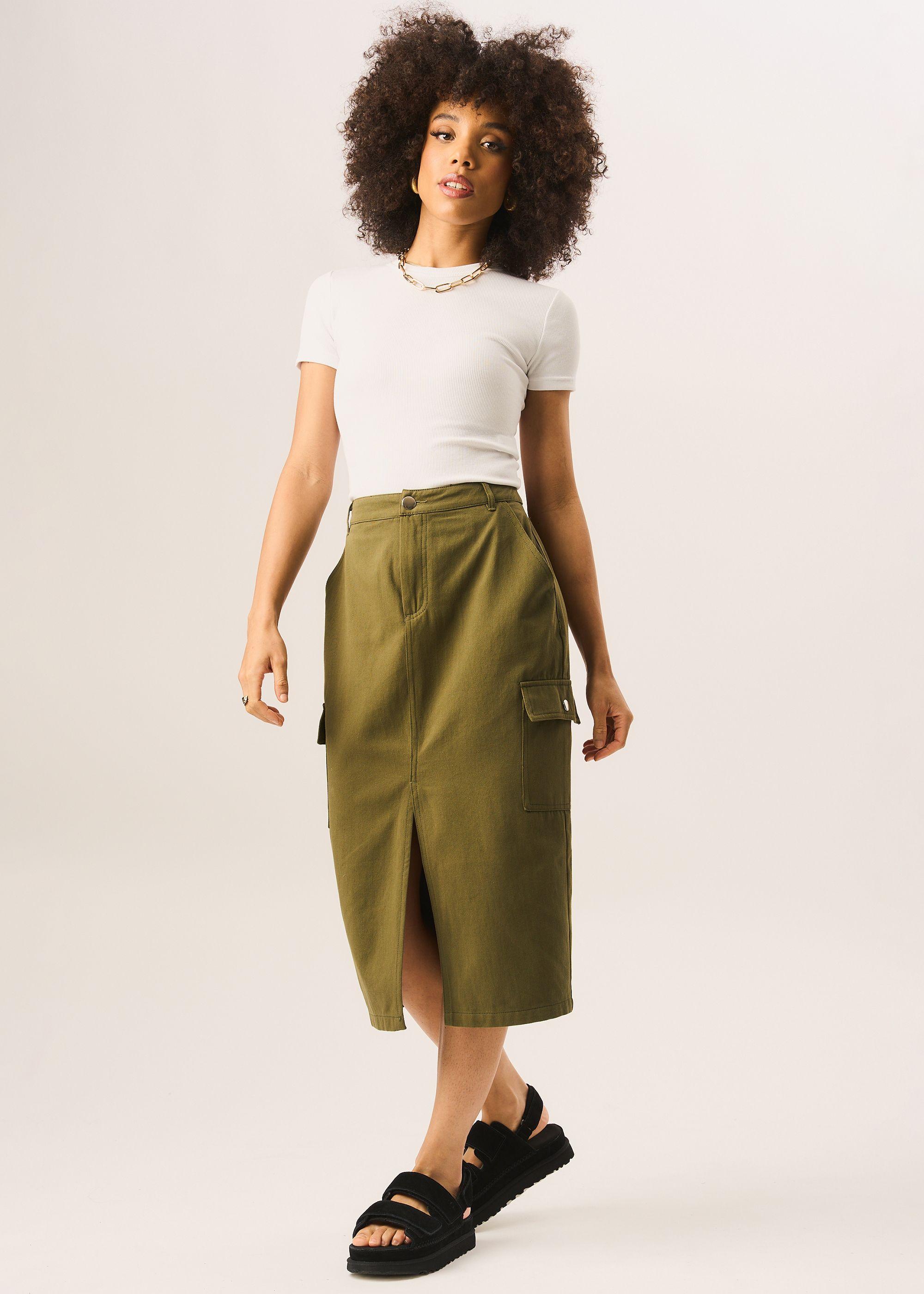 Khaki Cargo Midi Skirt by GINI LONDON