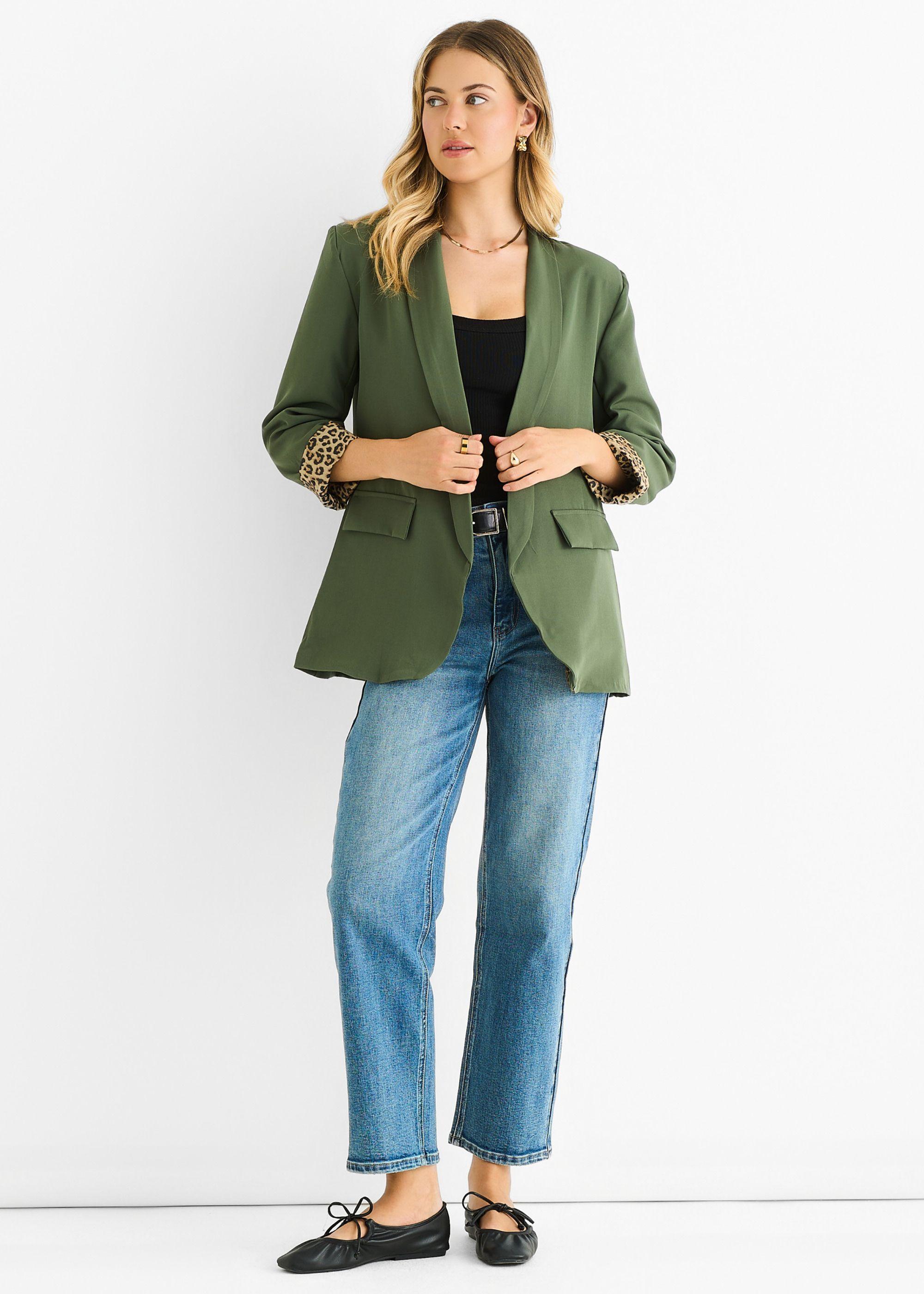 Khaki Contrast Animal Edge to Edge Blazer by GINI LONDON