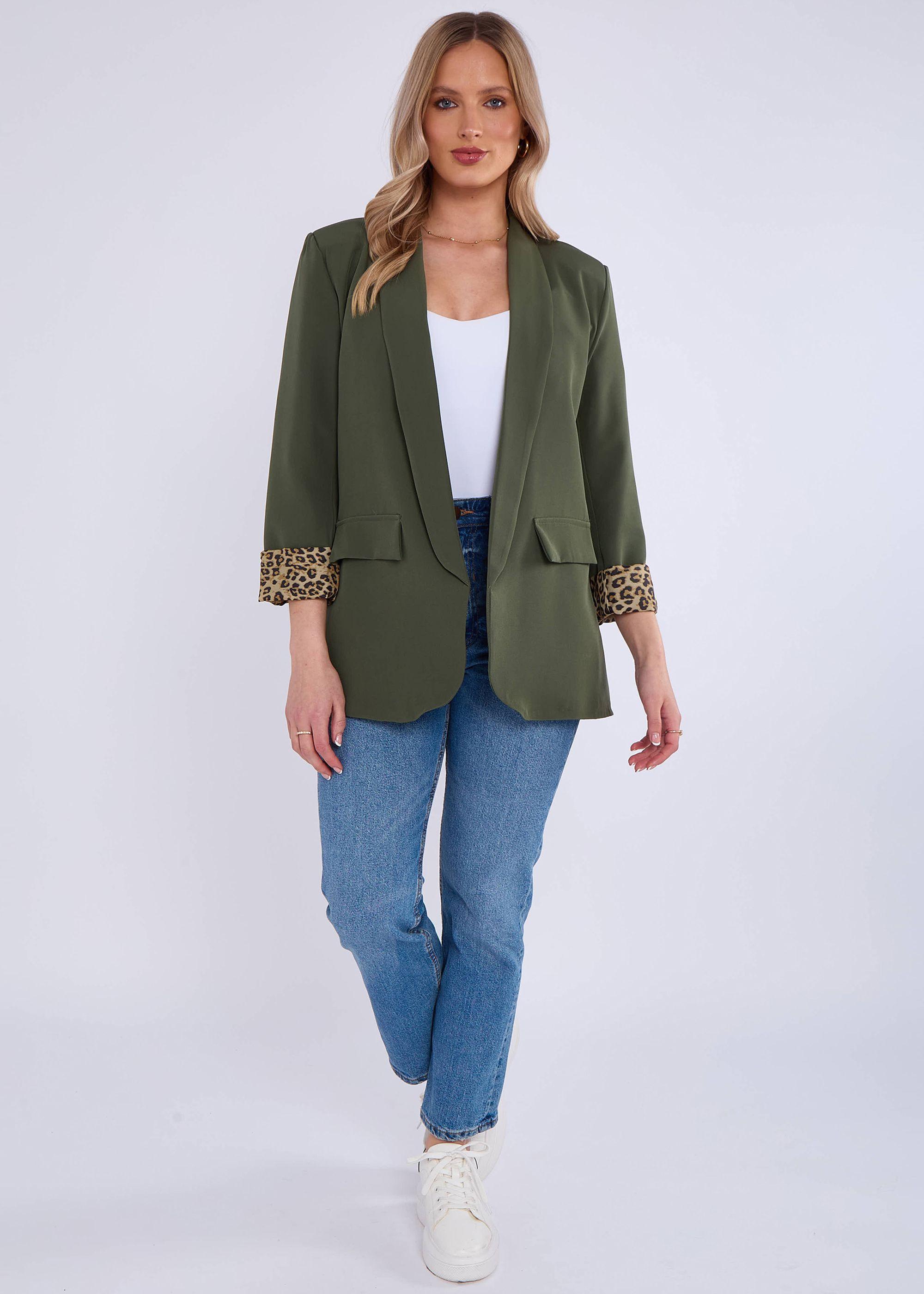 Khaki Contrast Animal Edge to Edge Blazer by GINI LONDON