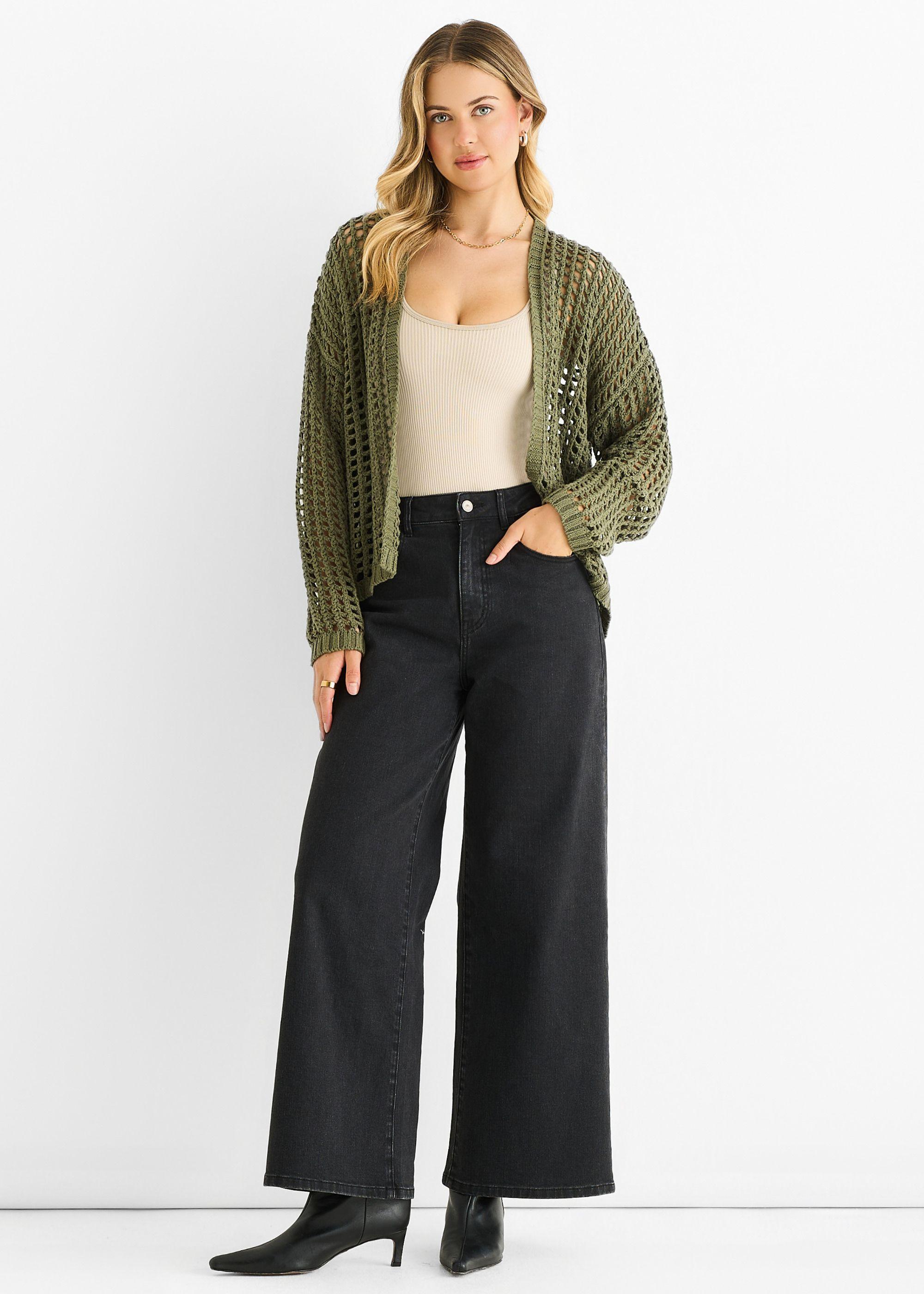 Khaki Open Knit Edge to Edge Cardigan by GINI LONDON