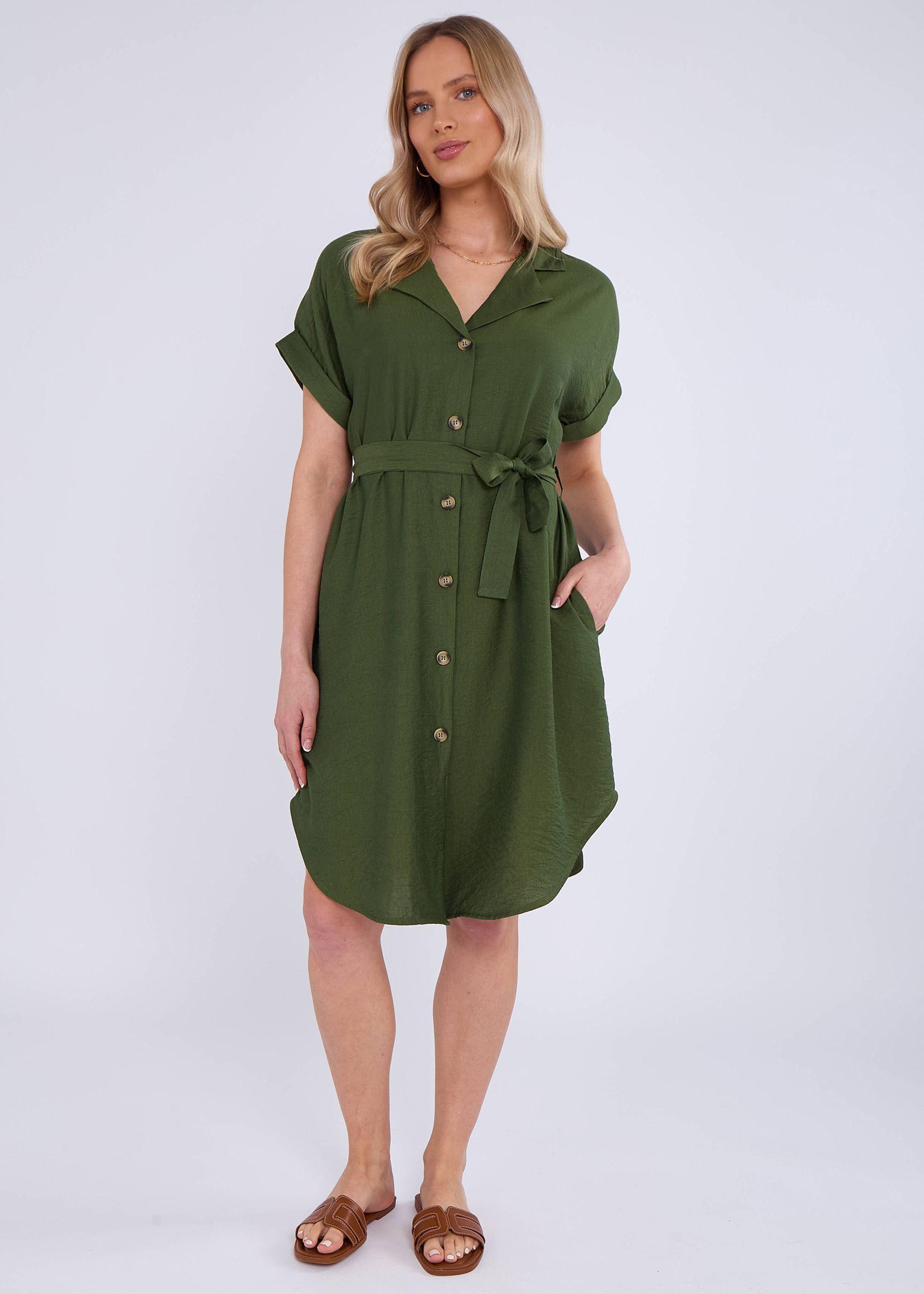 Khaki Utility Belted Oversized Viscose Shirt Dress by GINI LONDON