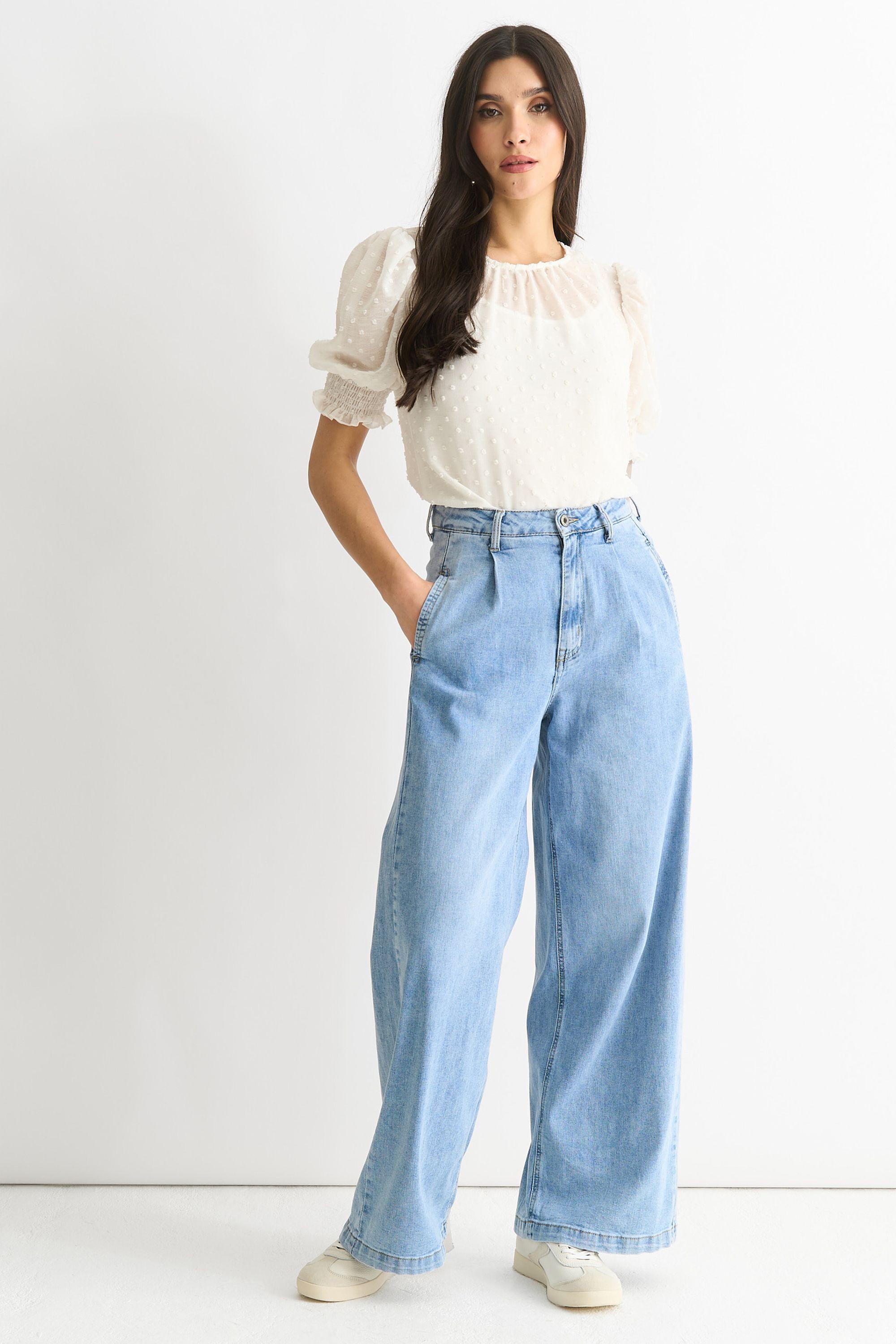 Mid Wash Blue Denim Wide Leg Jeans by GINI LONDON