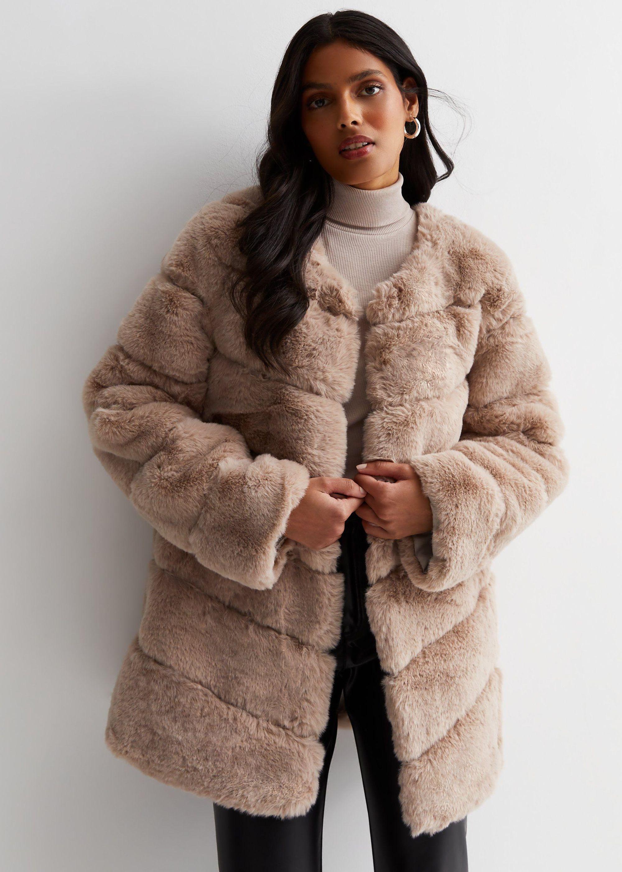 Mink Brown Diagonal Cut Faux Fur Long Sleeve Jacket by GINI LONDON