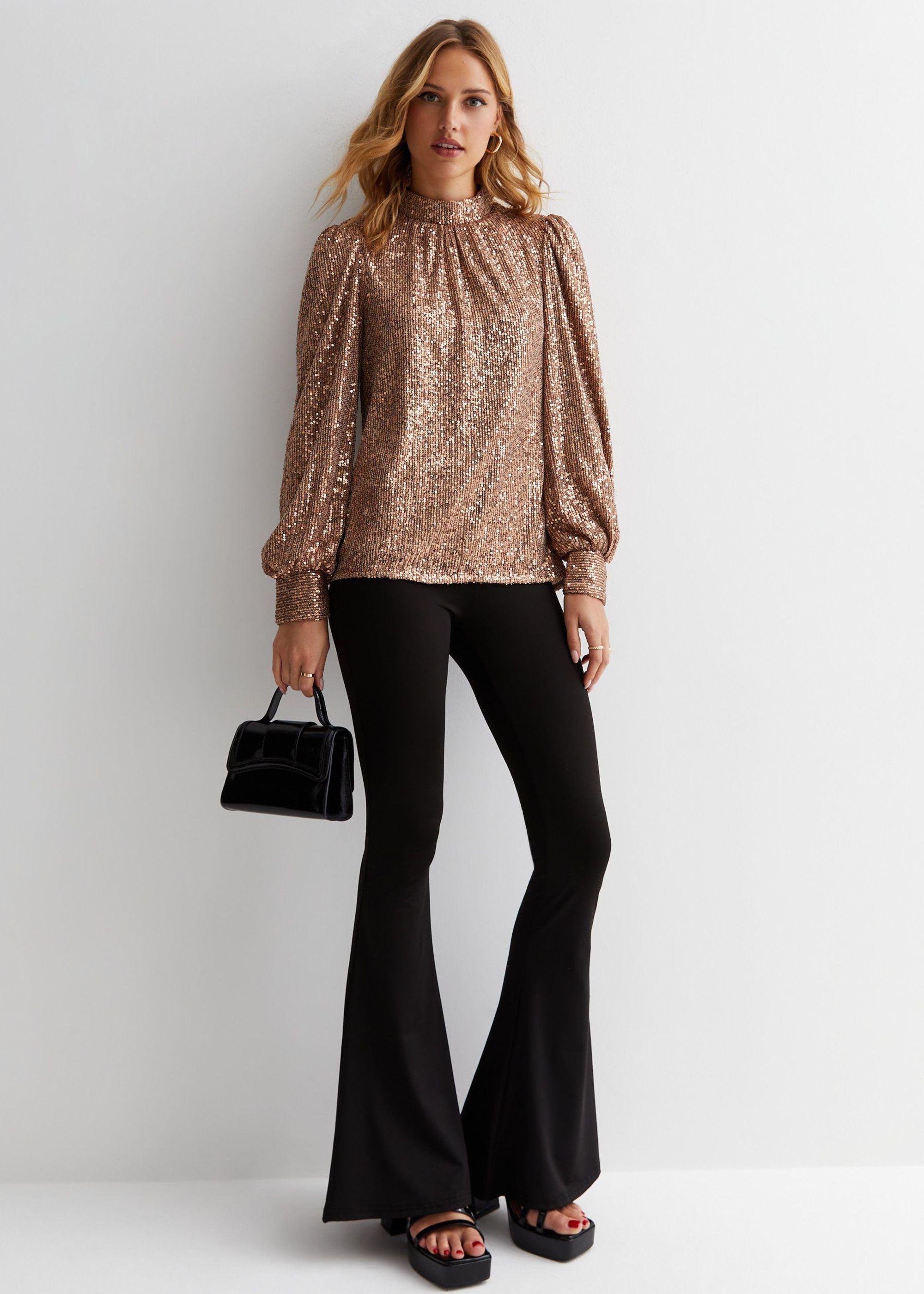 Mink Brown Sequin High Neck Loosefit Blouse by GINI LONDON