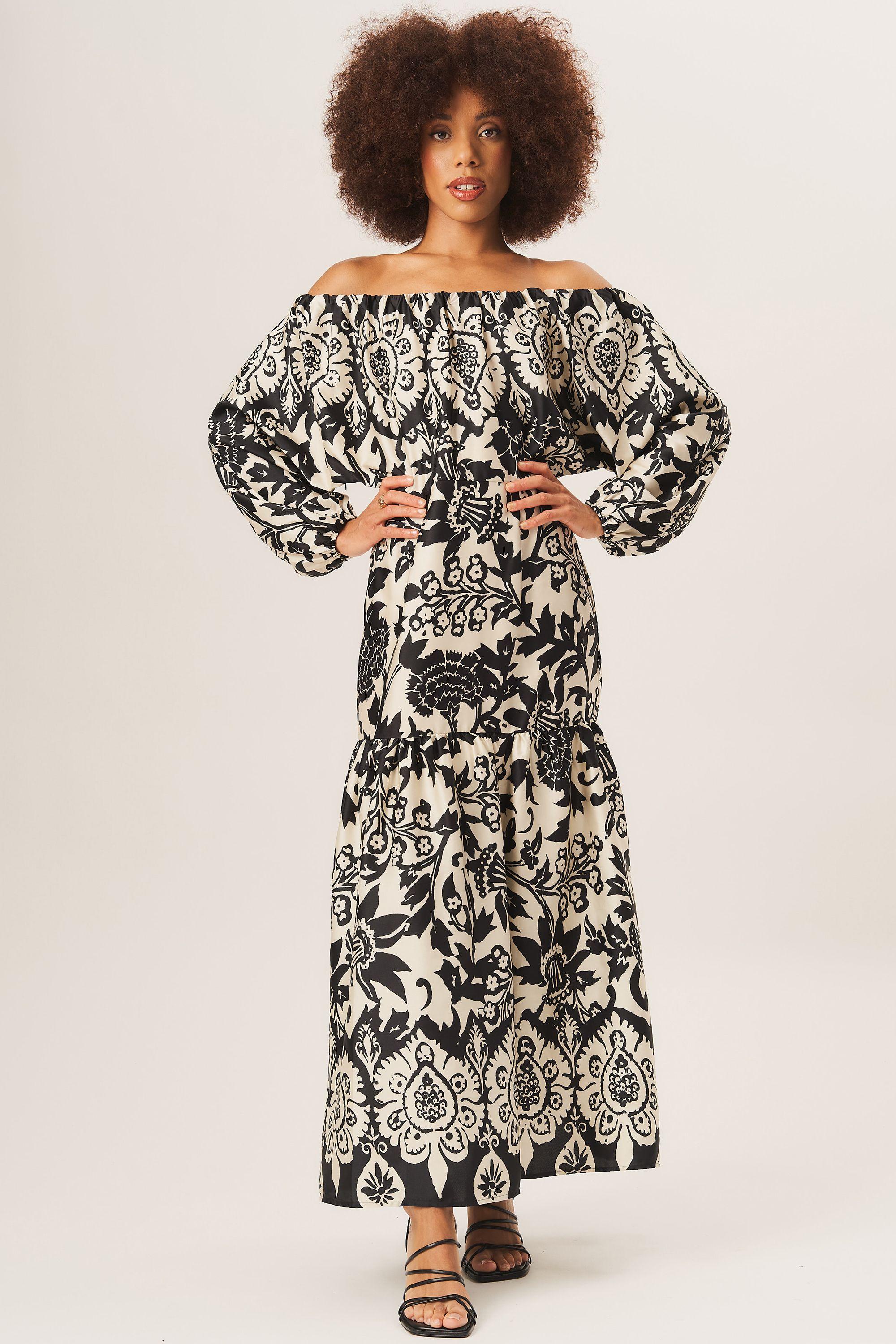 Mono Border Print Bardot Maxi Dress by GINI LONDON
