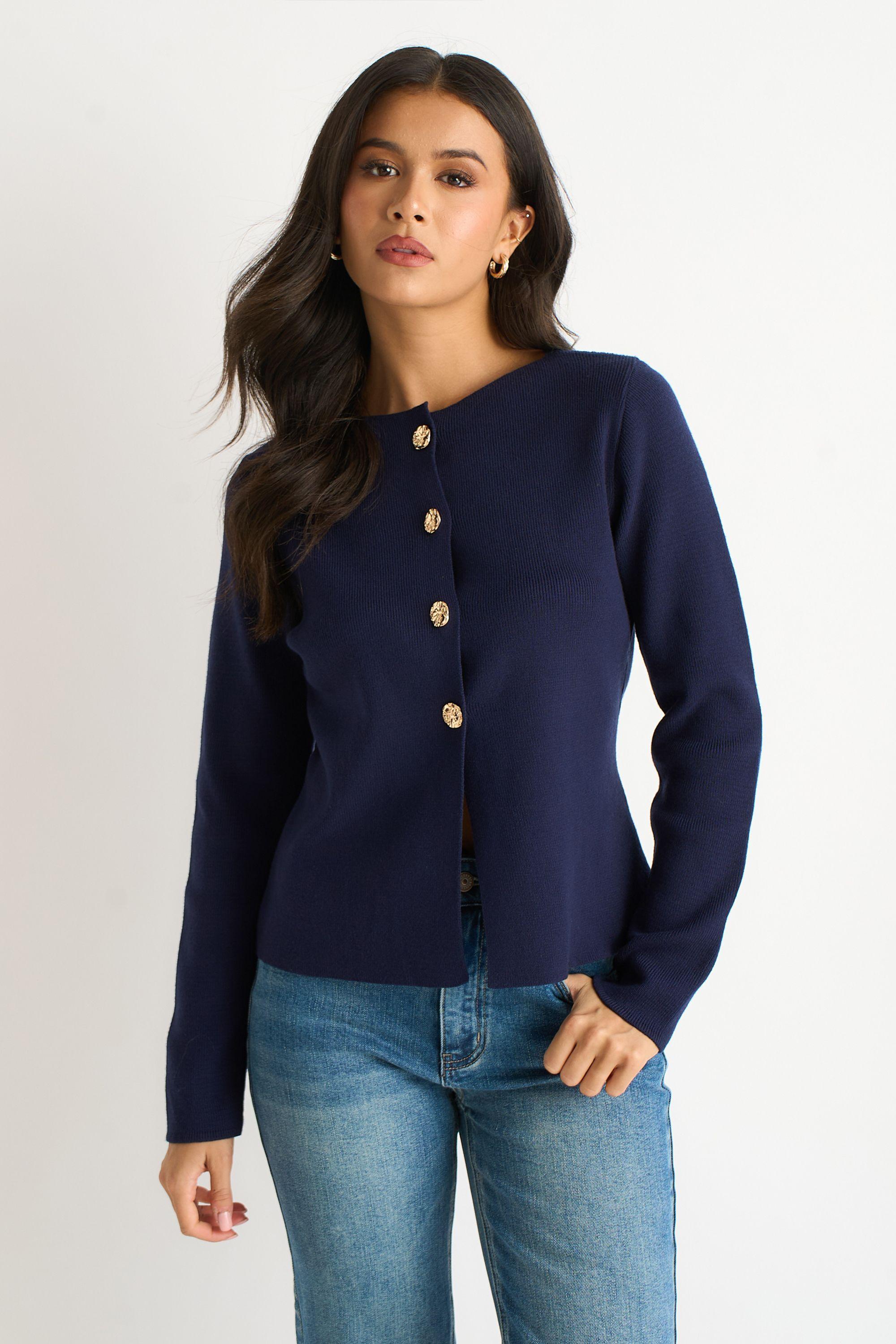 Navy Button Front Compact Knit Cardigan by GINI LONDON