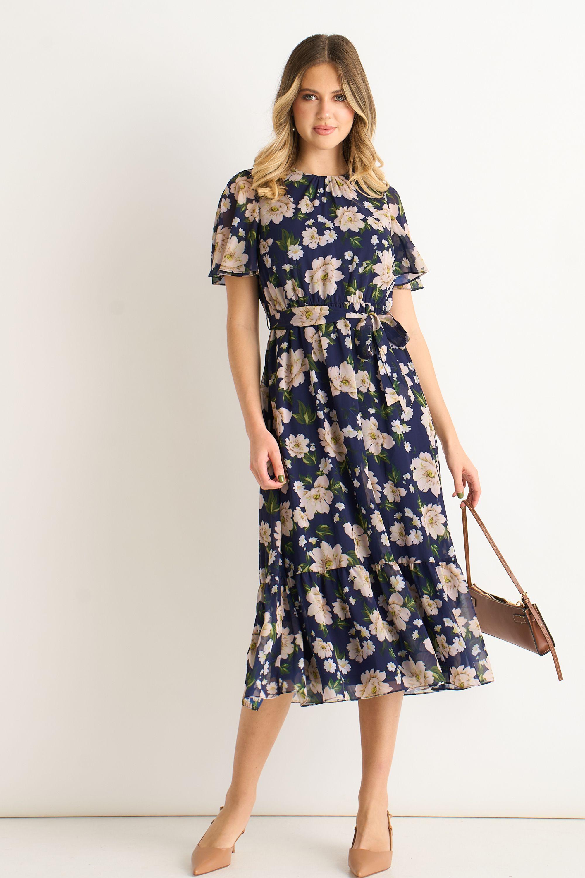 Navy Floral Print Fit and Flare Midi Dress by GINI LONDON