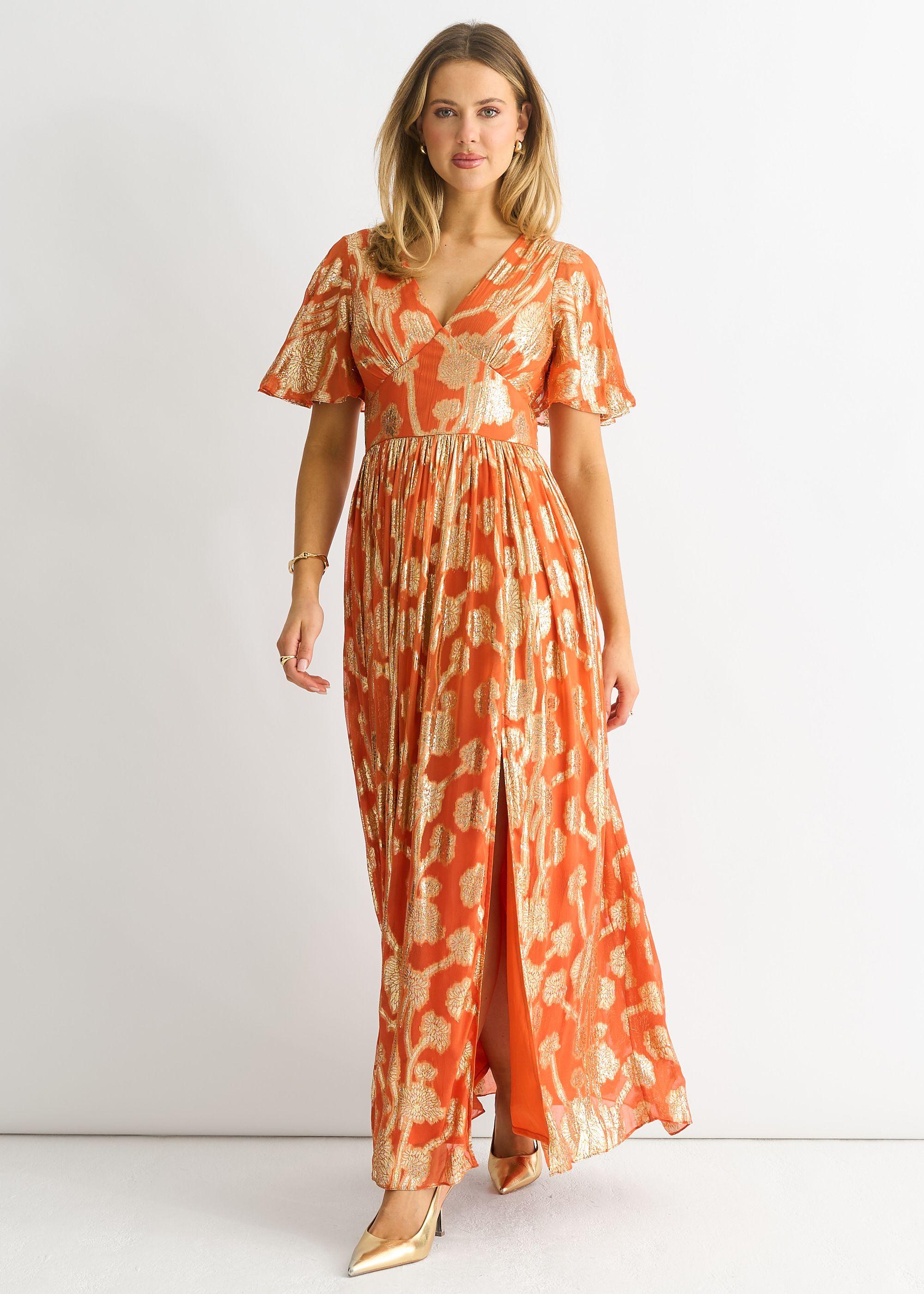 Orange Metallic Jacquard Flutter Sleeves Maxi Dress by GINI LONDON