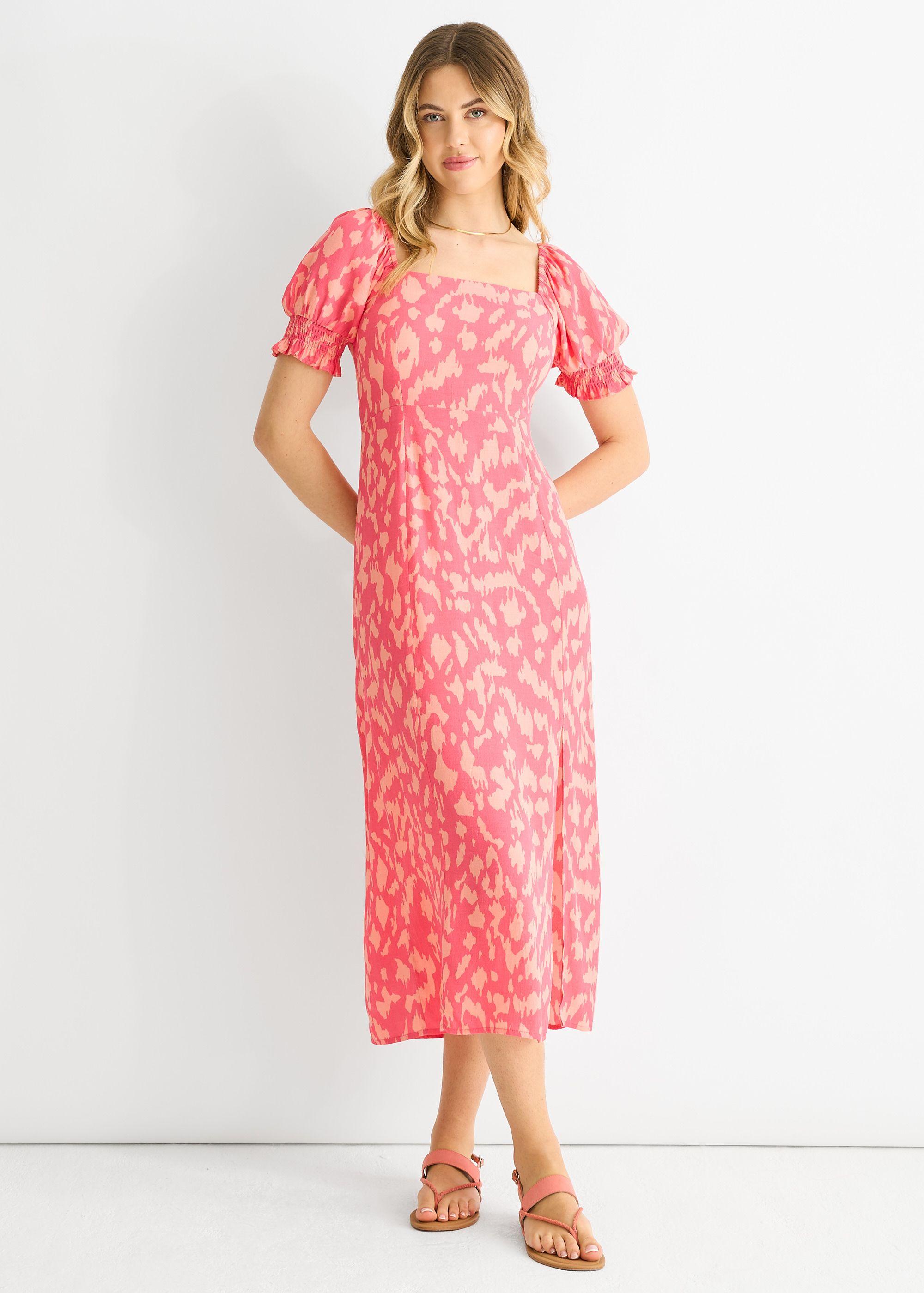 Pink Animal Print Square Neck Viscose Midi Dress by GINI LONDON