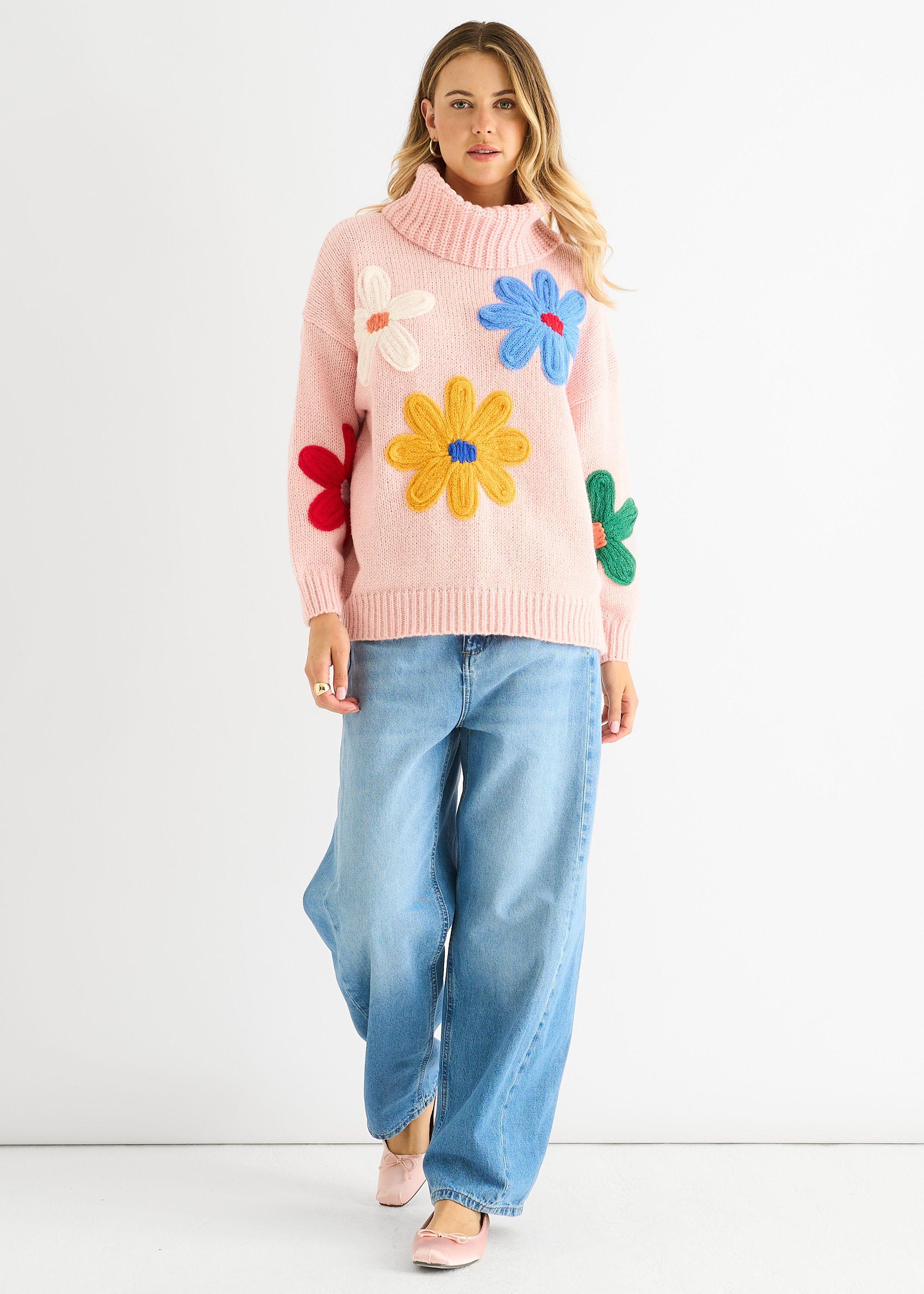 Pink Floral Applique Oversized Jumper by GINI LONDON
