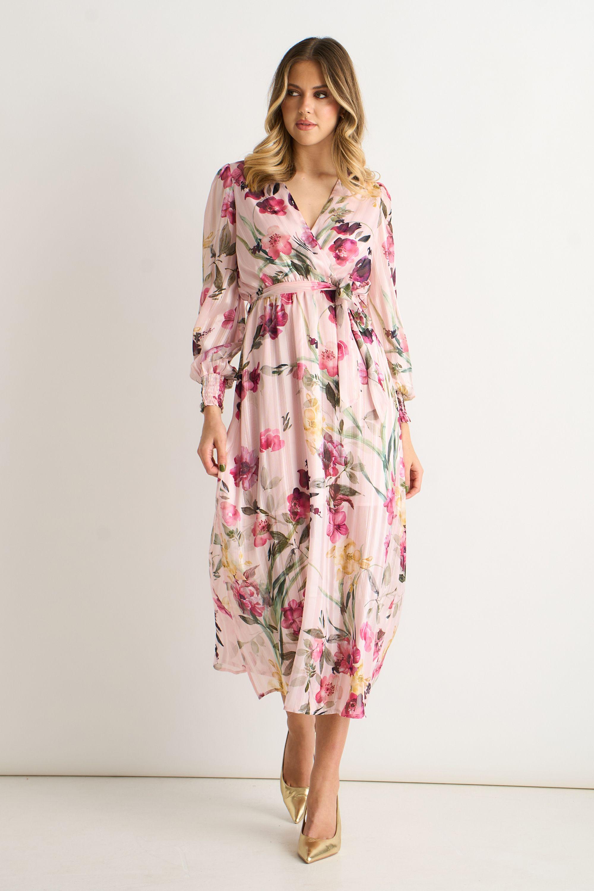 Pink Floral Print Sparkle Chiffon Wrap Midi Dress by GINI LONDON