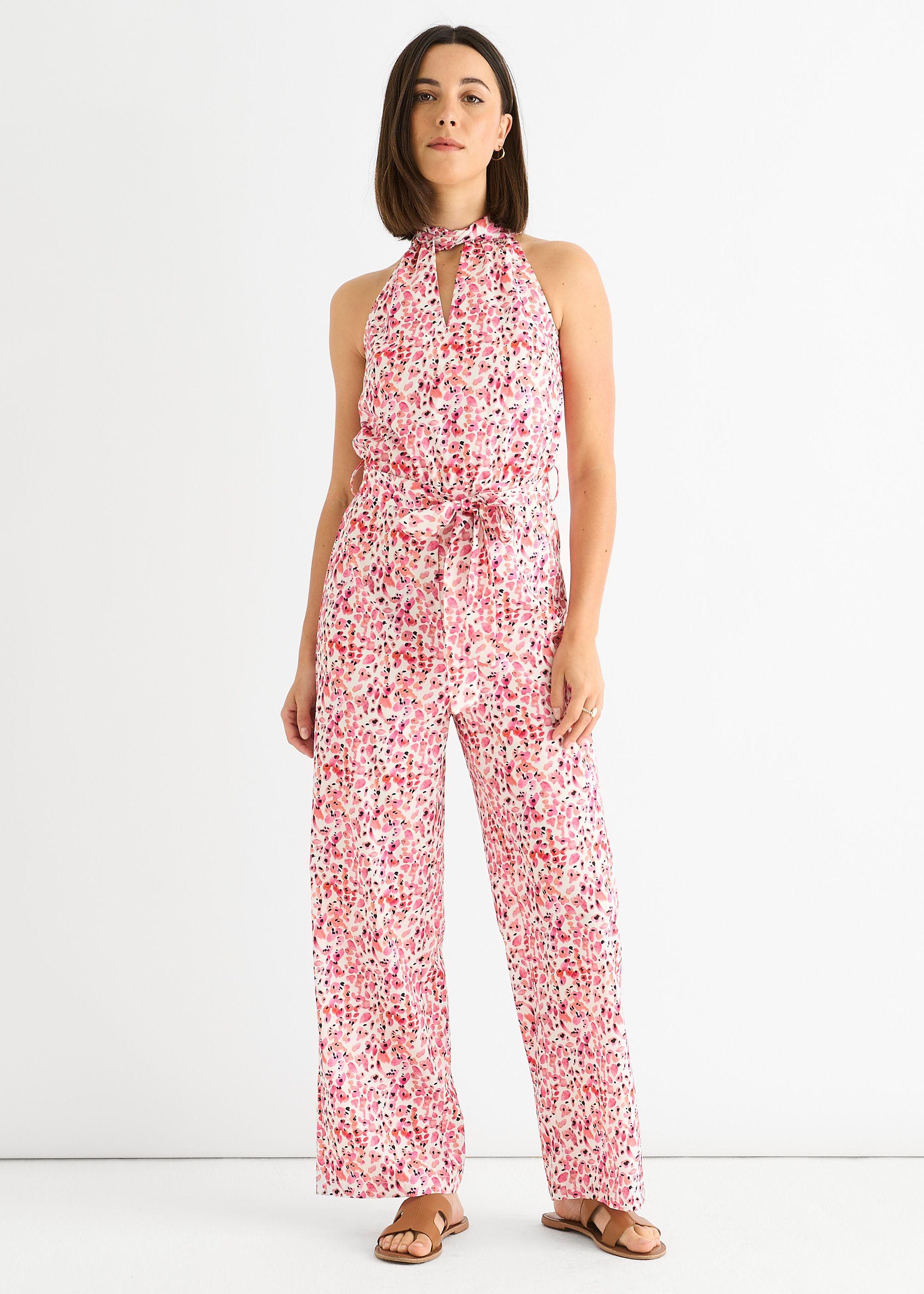Pink Halter Neck Keyhole Wide Leg Jumpsuit by GINI LONDON