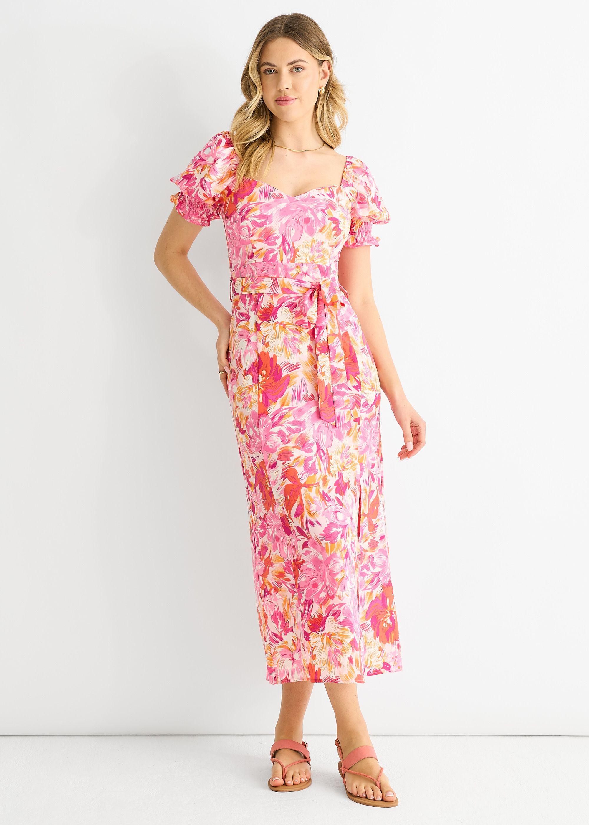Red Floral Puff Sleeves Belted Midi Dress by GINI LONDON