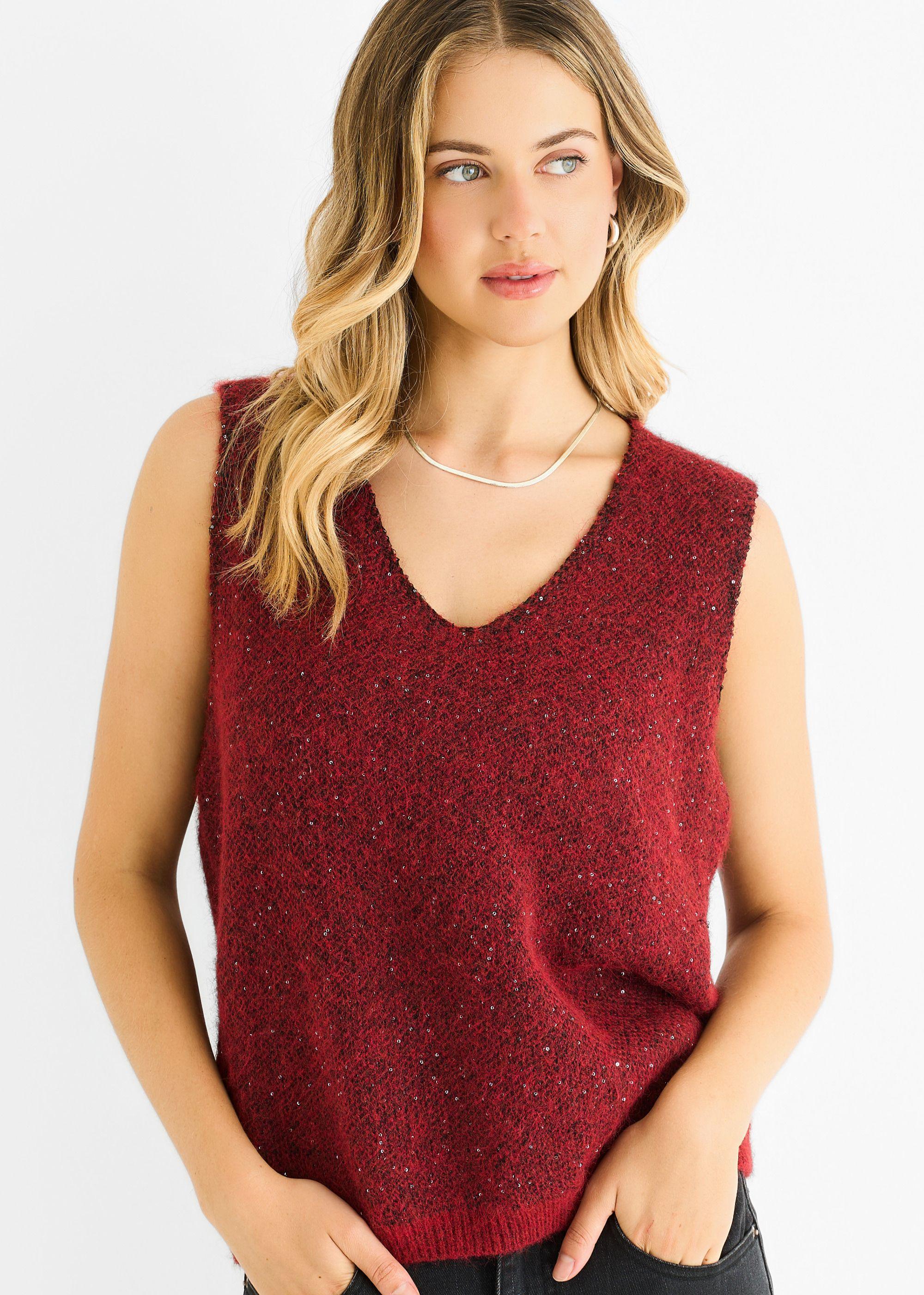 Red Sequin Sparkle V Neck Vest Knit Jumper by GINI LONDON