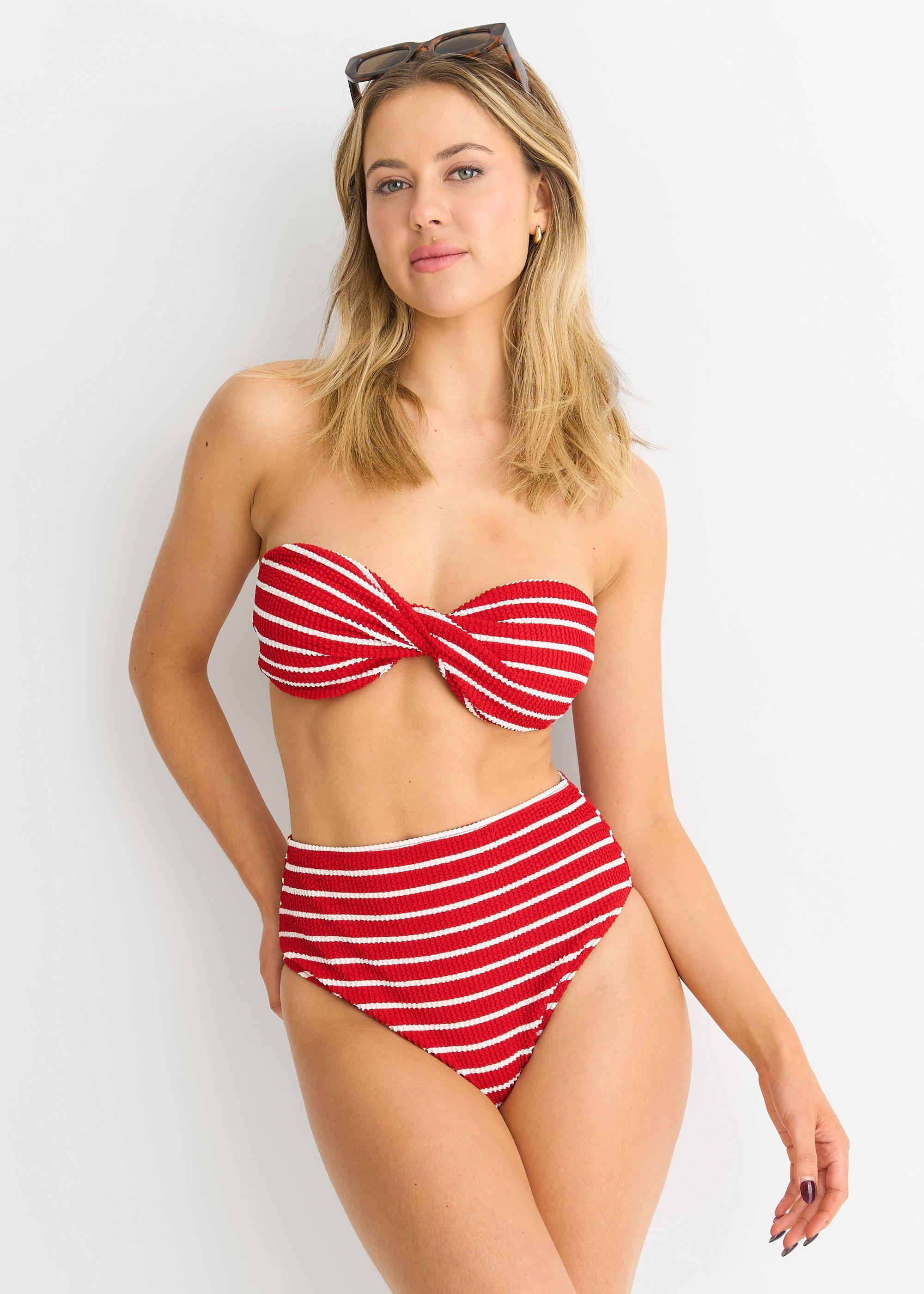 Red Textured Twist Front Stripe Bikini Top by GINI LONDON