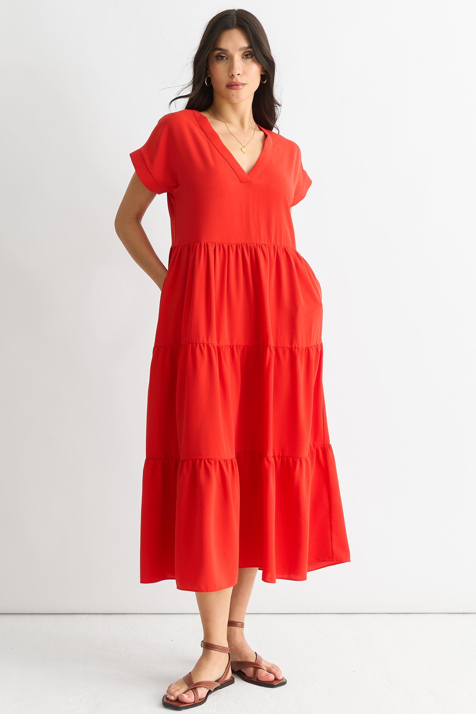 Red V Neck Pocket Smock Midi Dress by GINI LONDON