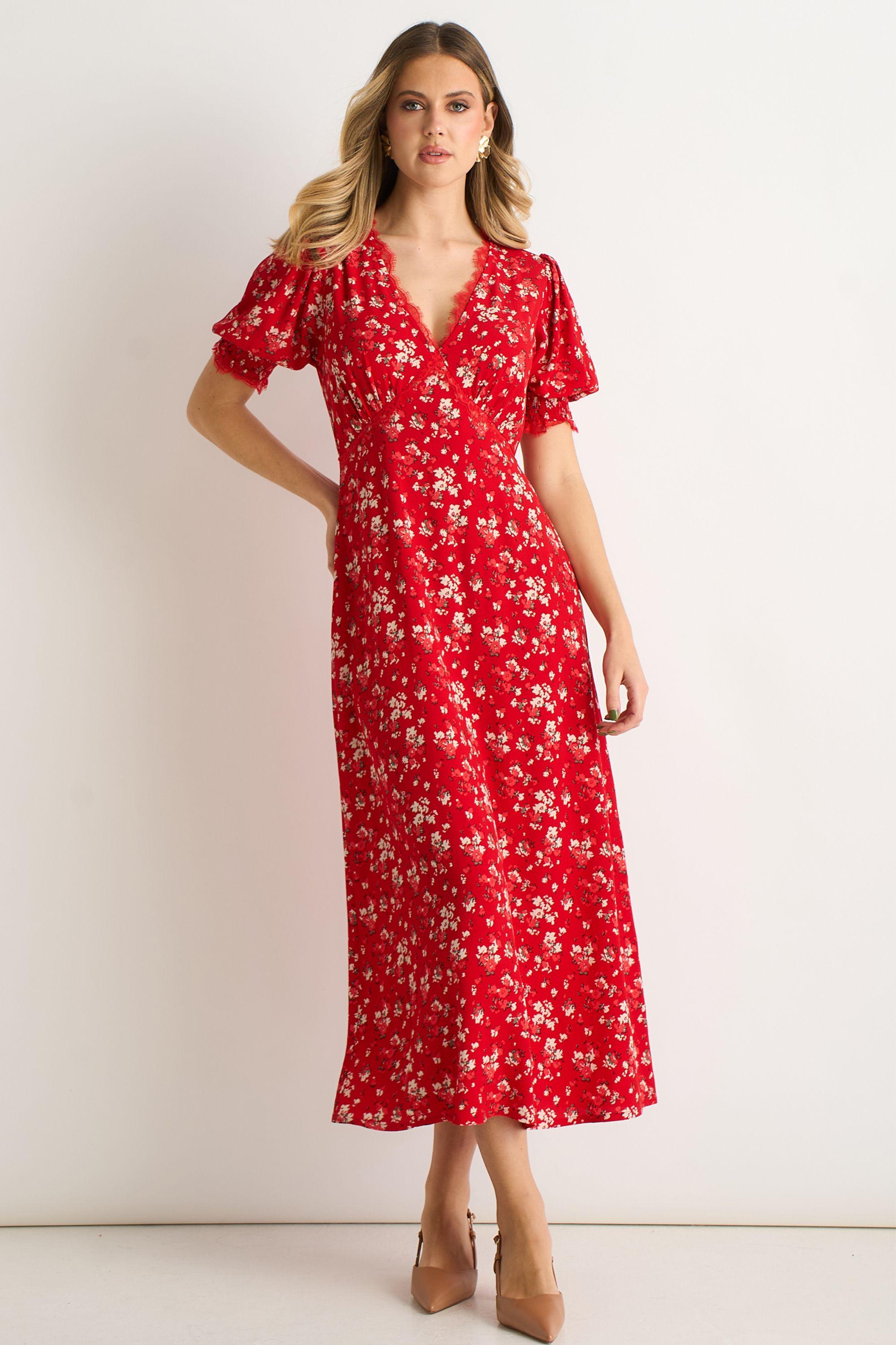 Red Viscose Lace Trim Midi Dress by GINI LONDON